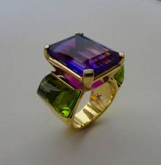 Michael Kneebone Amethyst Sugarloaf Cabochon Peridot Three-Stone Ring
