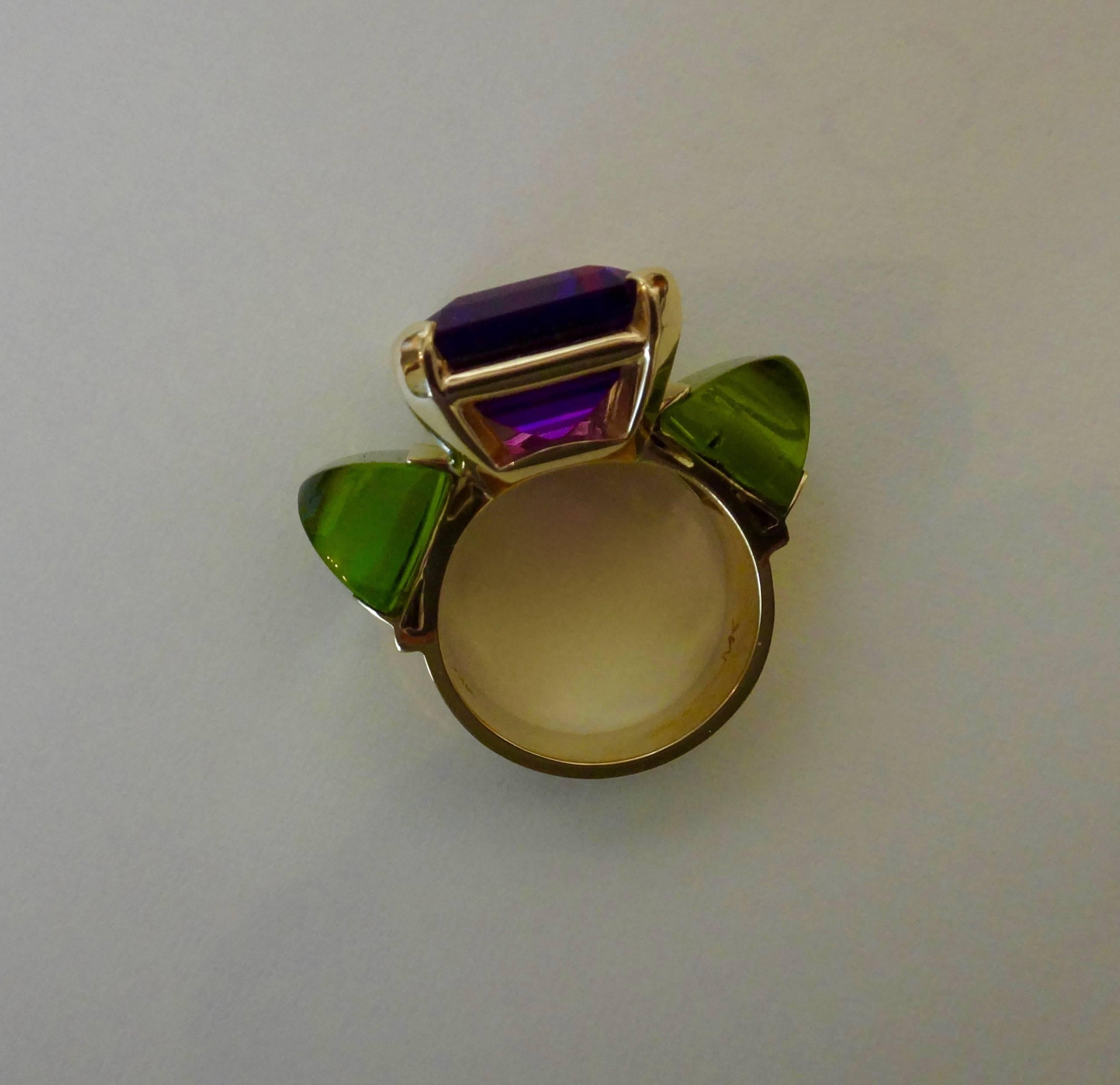 Emerald Cut Michael Kneebone Amethyst Sugarloaf Cabochon Peridot Three-Stone Ring