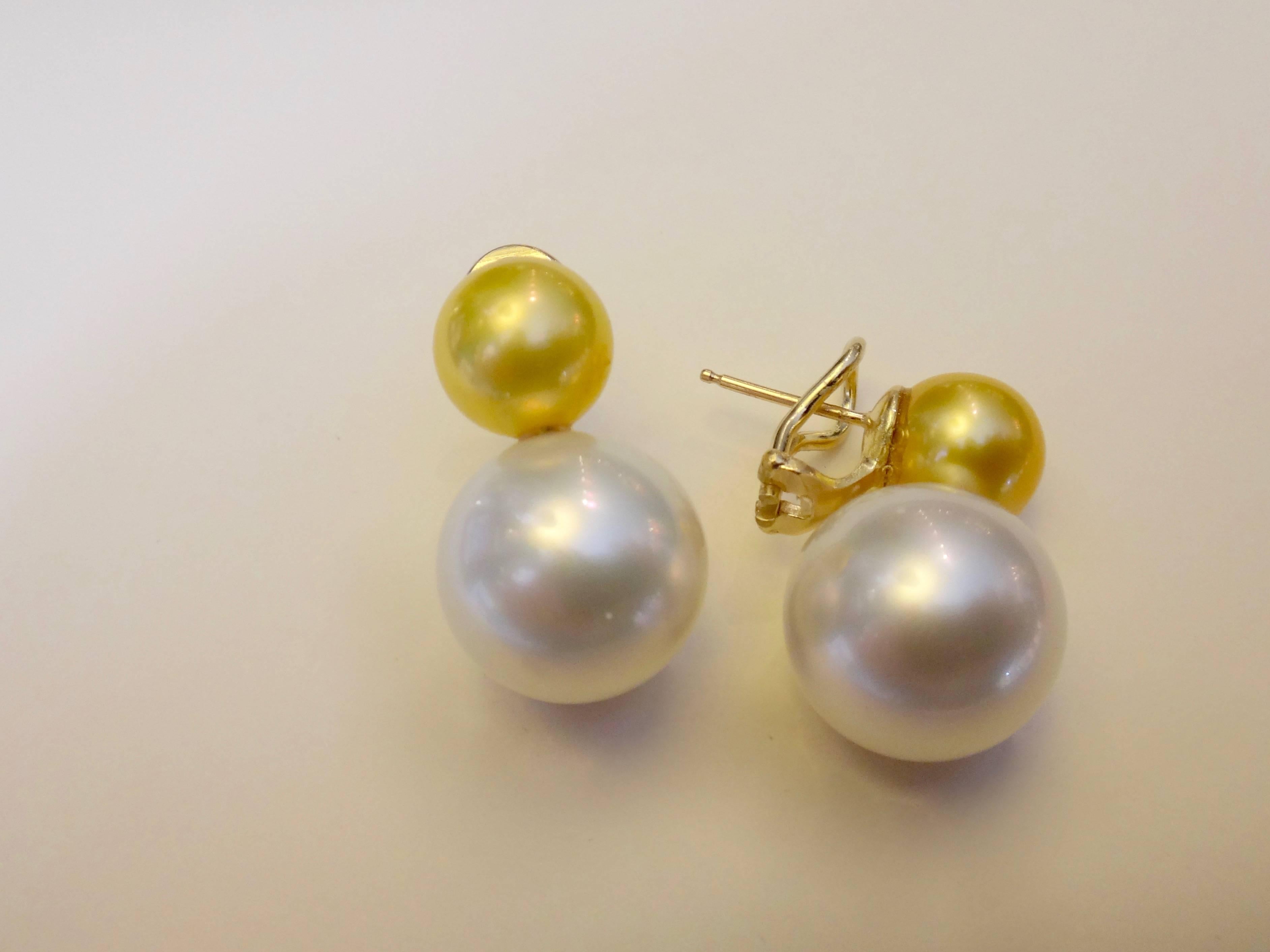 Michael Kneebone Golden and White South Seas Pearl Earrings In Excellent Condition In Austin, TX