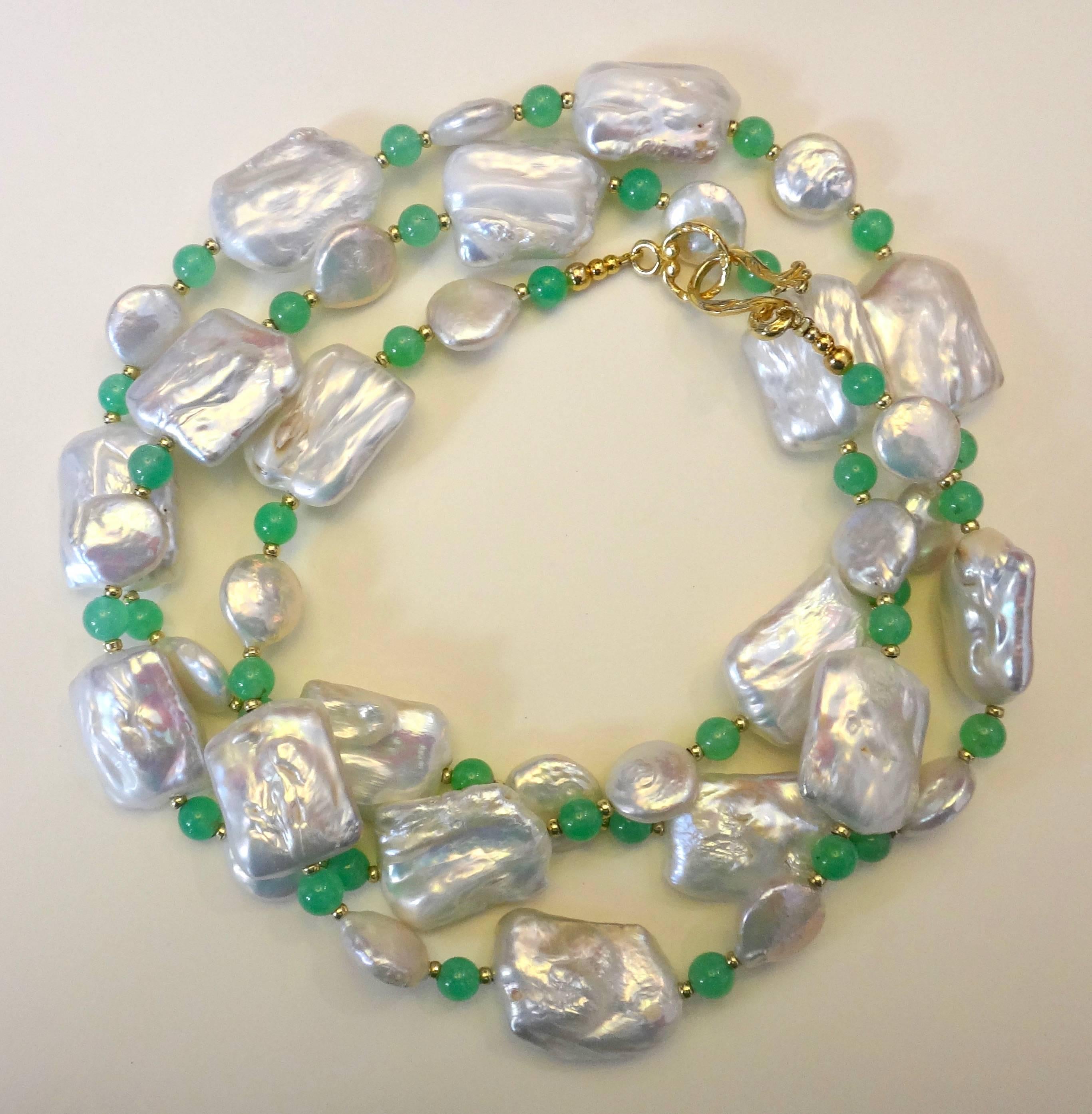 Contemporary Michael Kneebone Tile Pearl Coin Pearl Chrysoprase Long Necklace