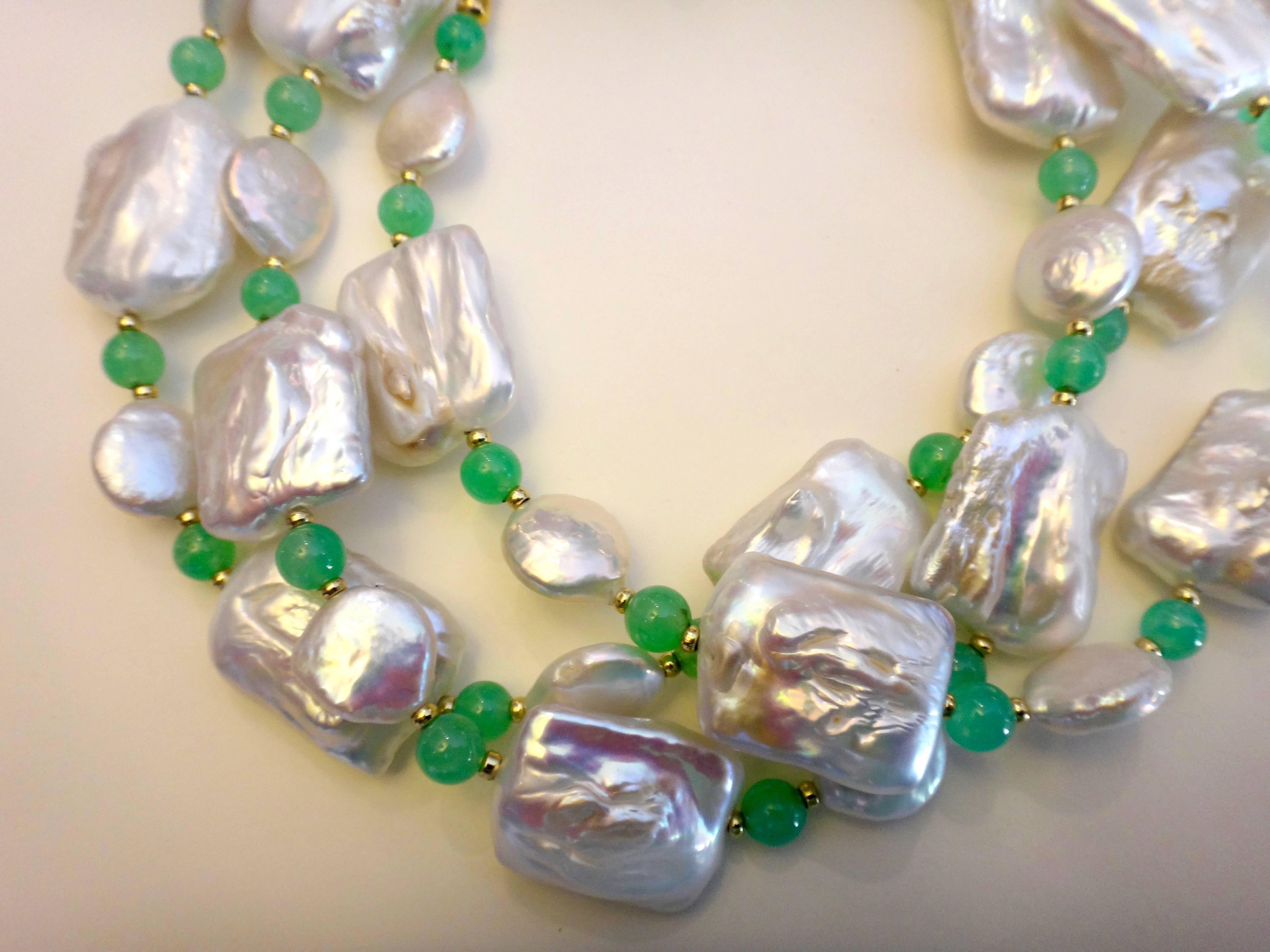 Michael Kneebone Tile Pearl Coin Pearl Chrysoprase Long Necklace In Excellent Condition In Austin, TX