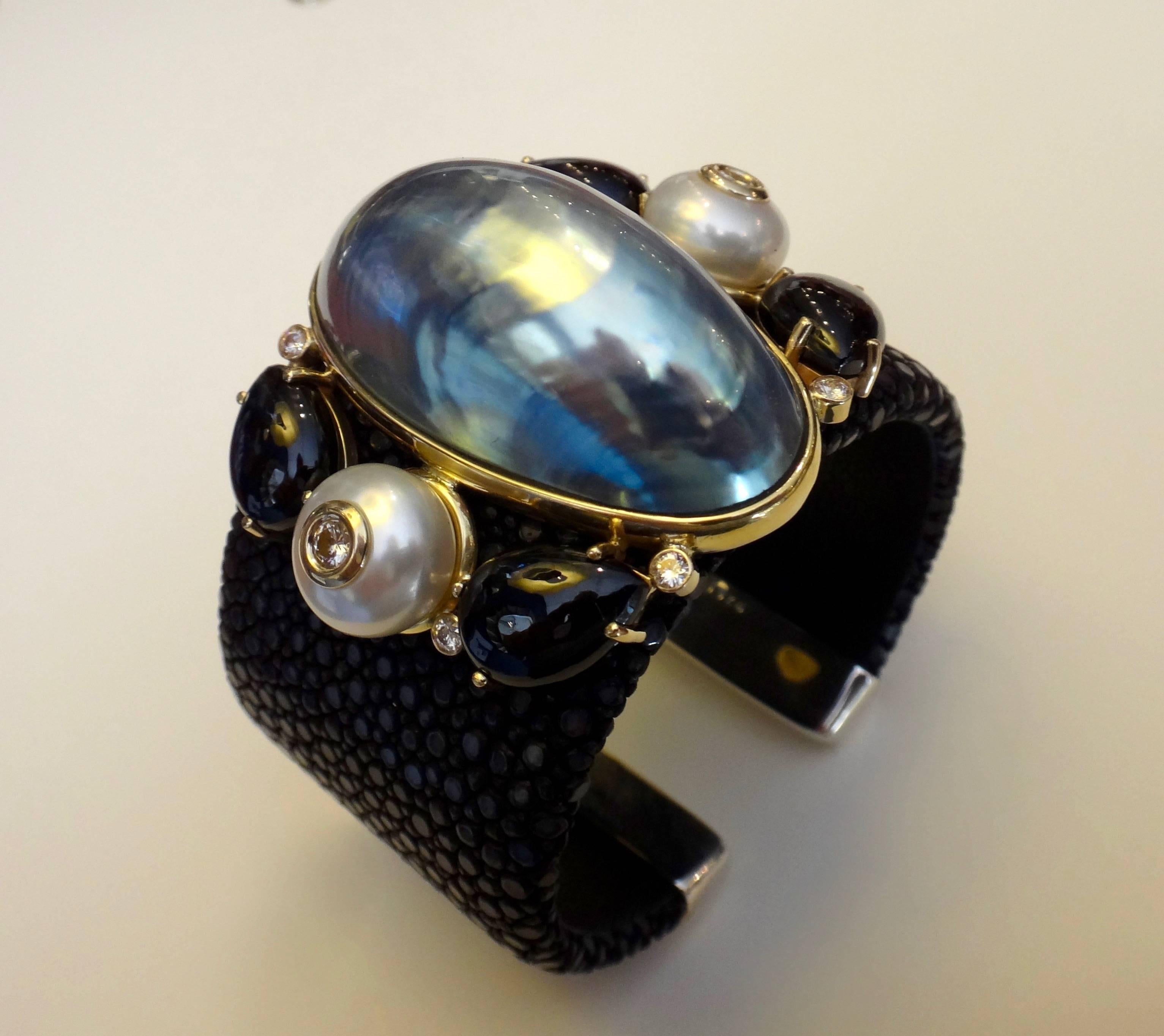 Women's or Men's Michael Kneebone Nautilus Pearl Black Spinel Diamond Stringray Cuff Bracelet
