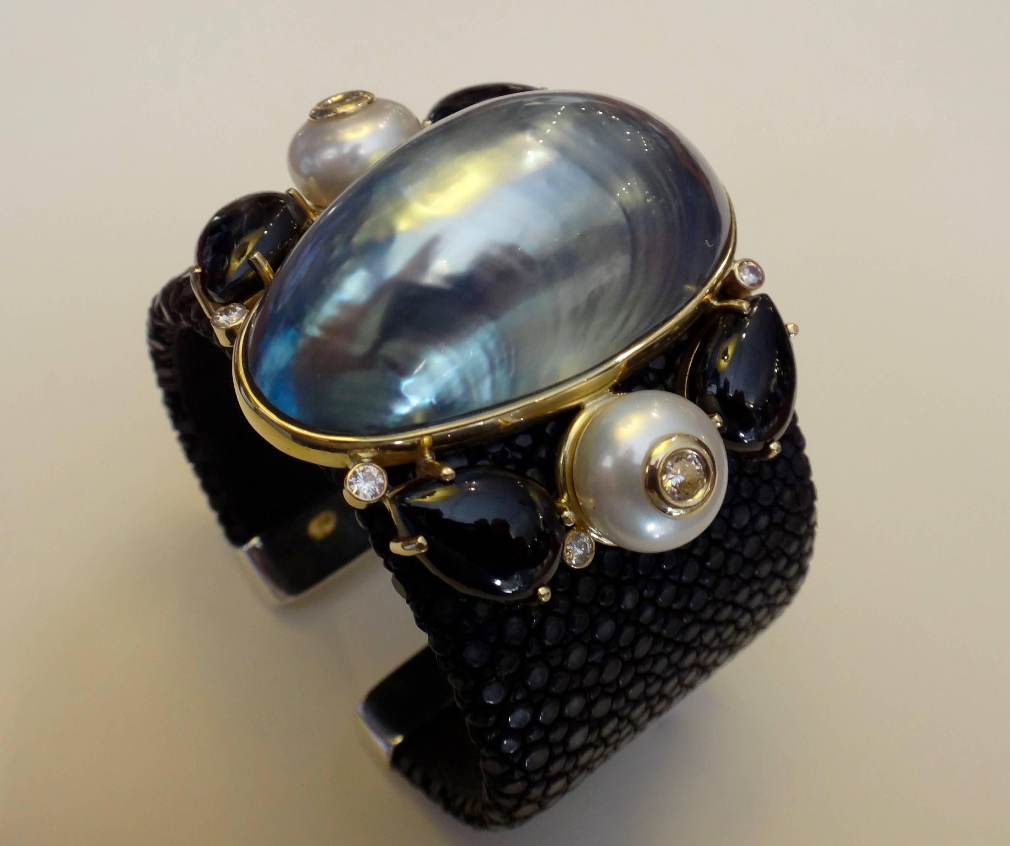 Michael Kneebone Nautilus Pearl Black Spinel Diamond Stringray Cuff Bracelet 1