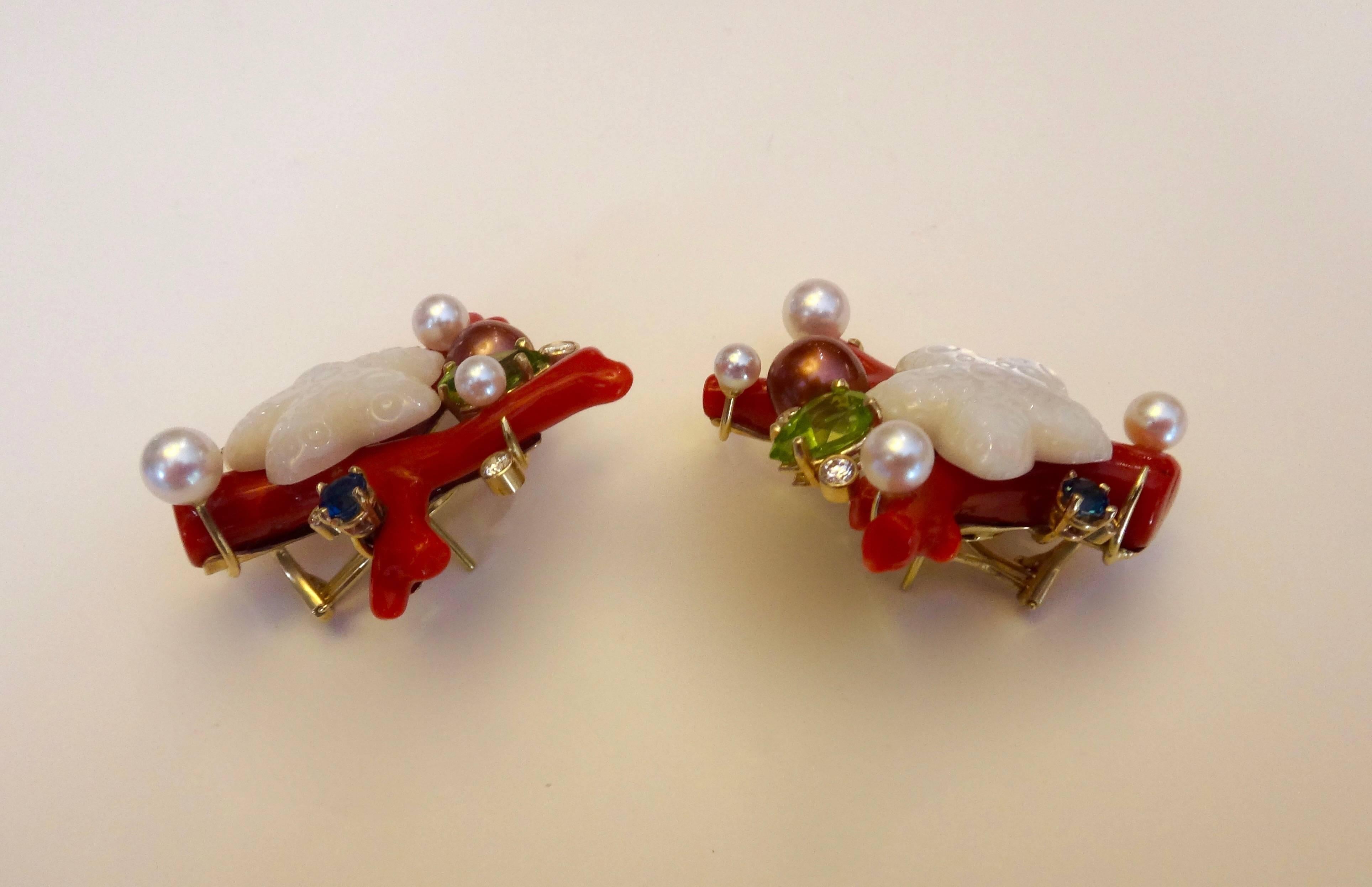 Michael Kneebone Red Coral Peridot Sapphire Diamond Pearl Sealife Earrings In Excellent Condition In Austin, TX