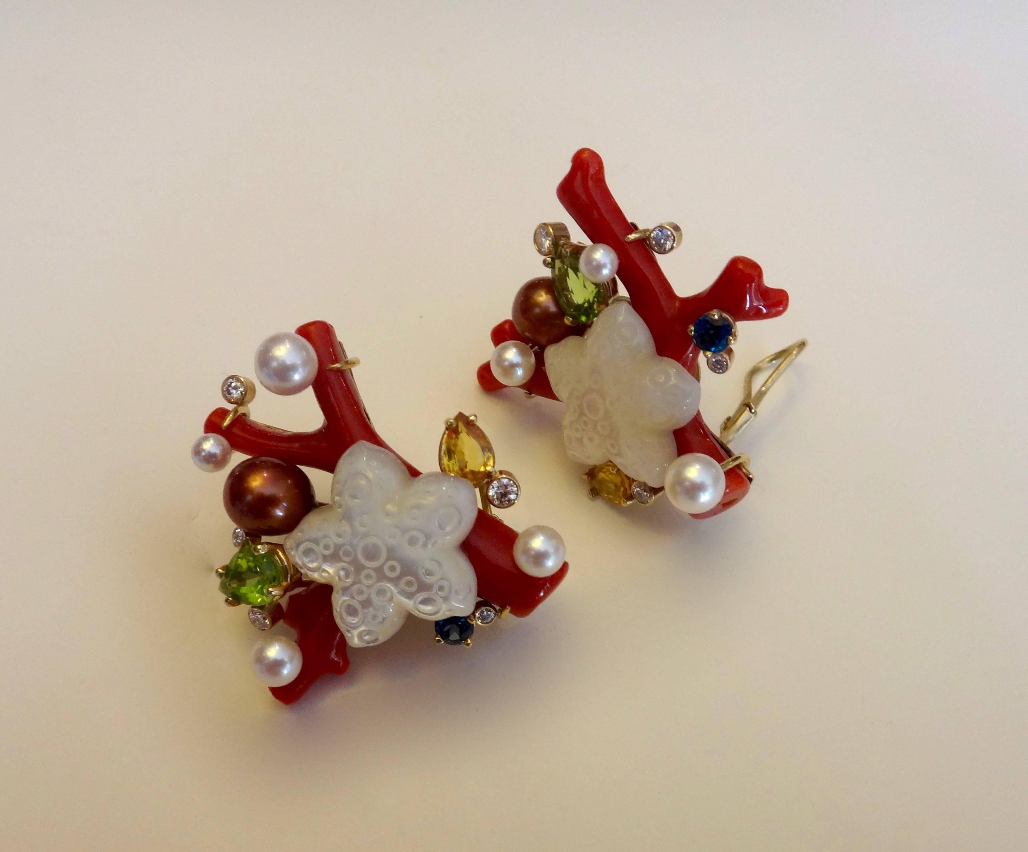 Women's Michael Kneebone Red Coral Peridot Sapphire Diamond Pearl Sealife Earrings