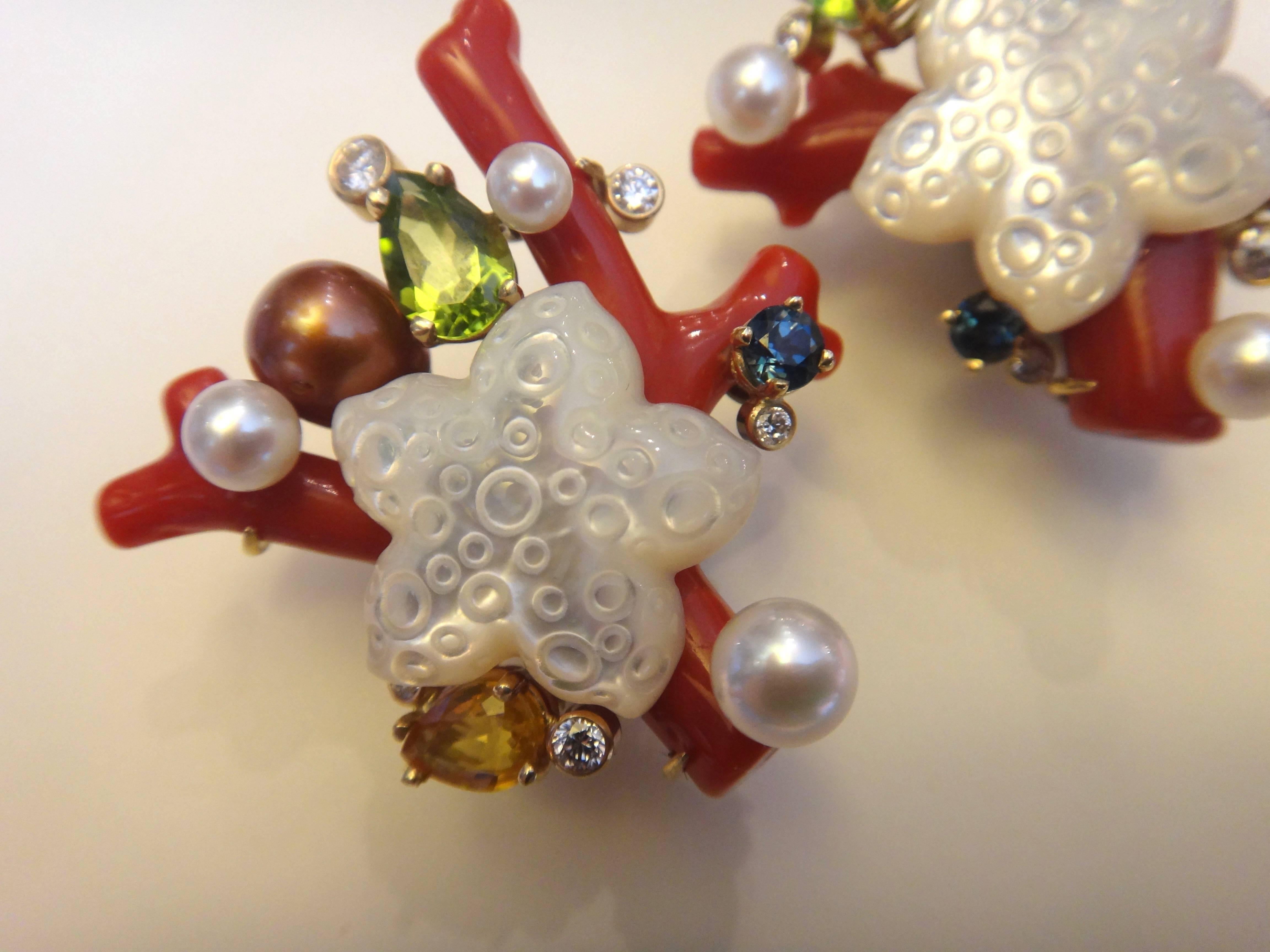 Michael Kneebone Red Coral Peridot Sapphire Diamond Pearl Sealife Earrings 1