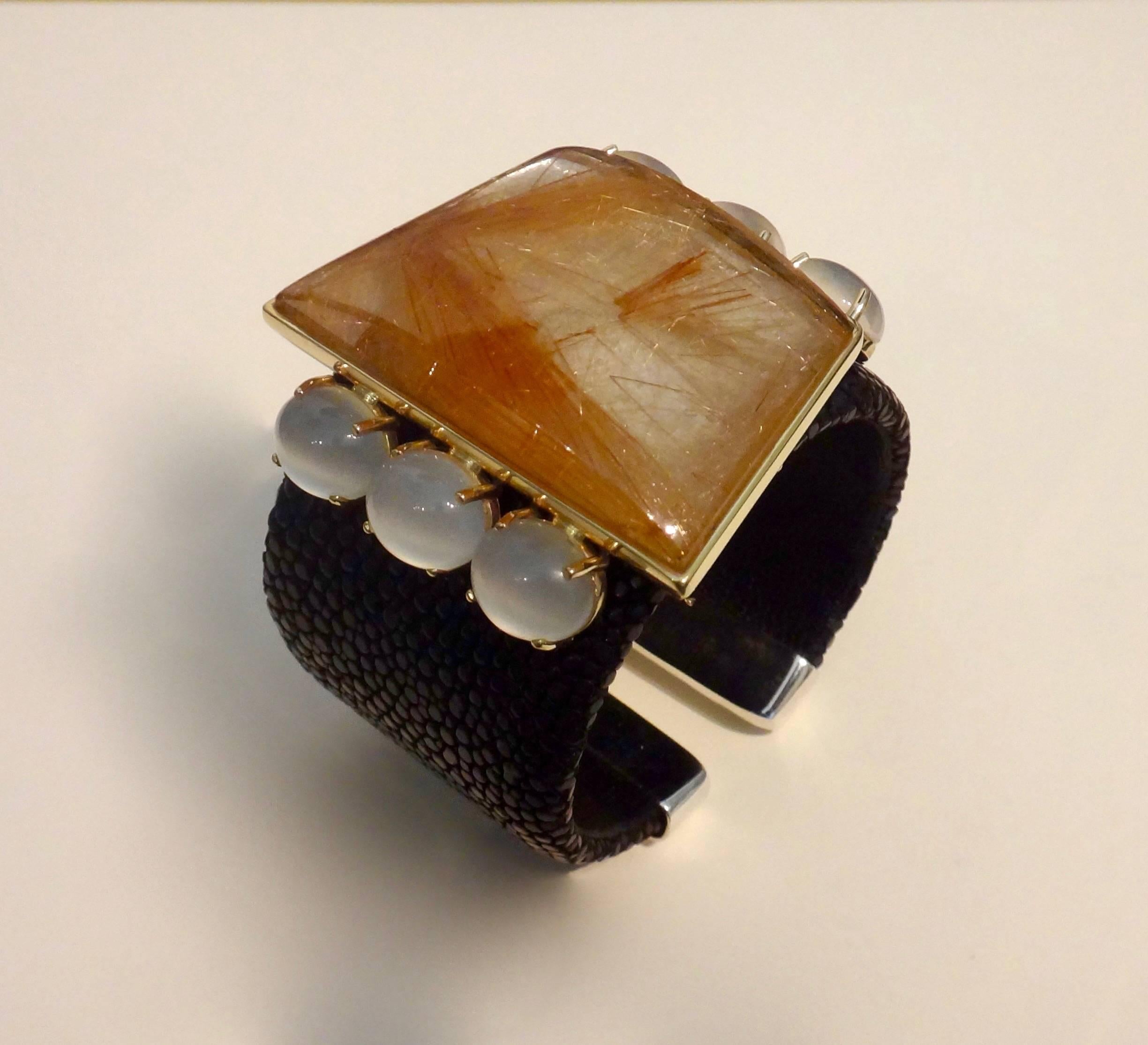 Contemporary Michael Kneebone Rutilated Quartz Moonstone Stringray Cuff Bracelet