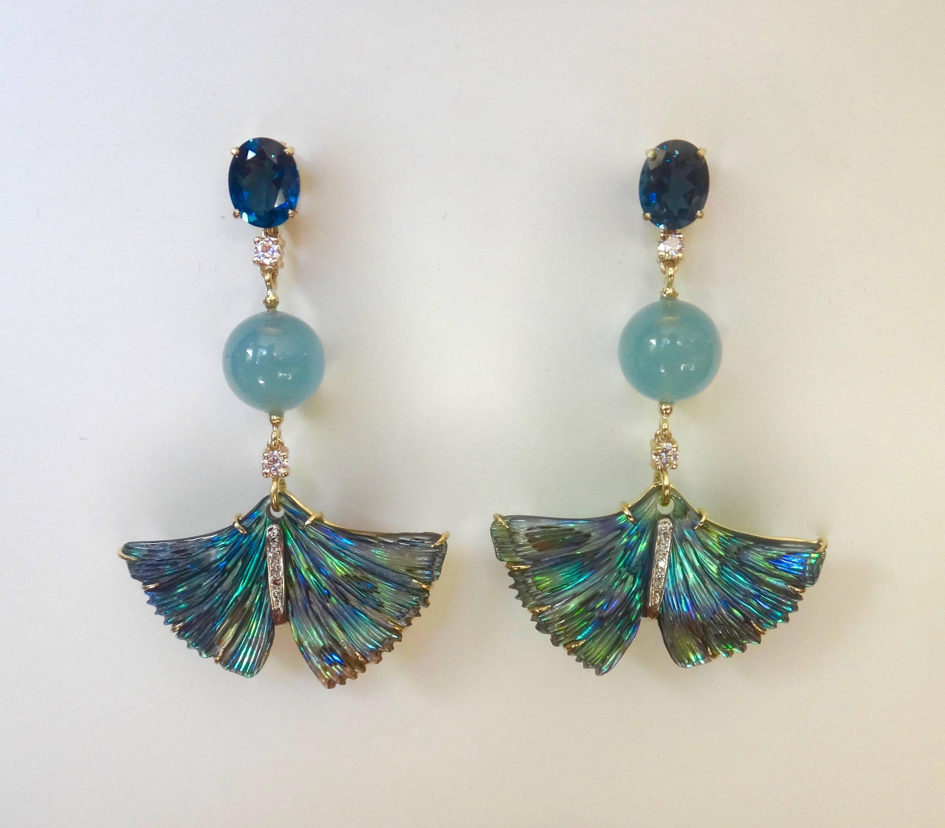 Contemporary Michael Kneebone Topaz Aquamarine Diamond Abalone Ginkgo Leaf Dangle Earrings