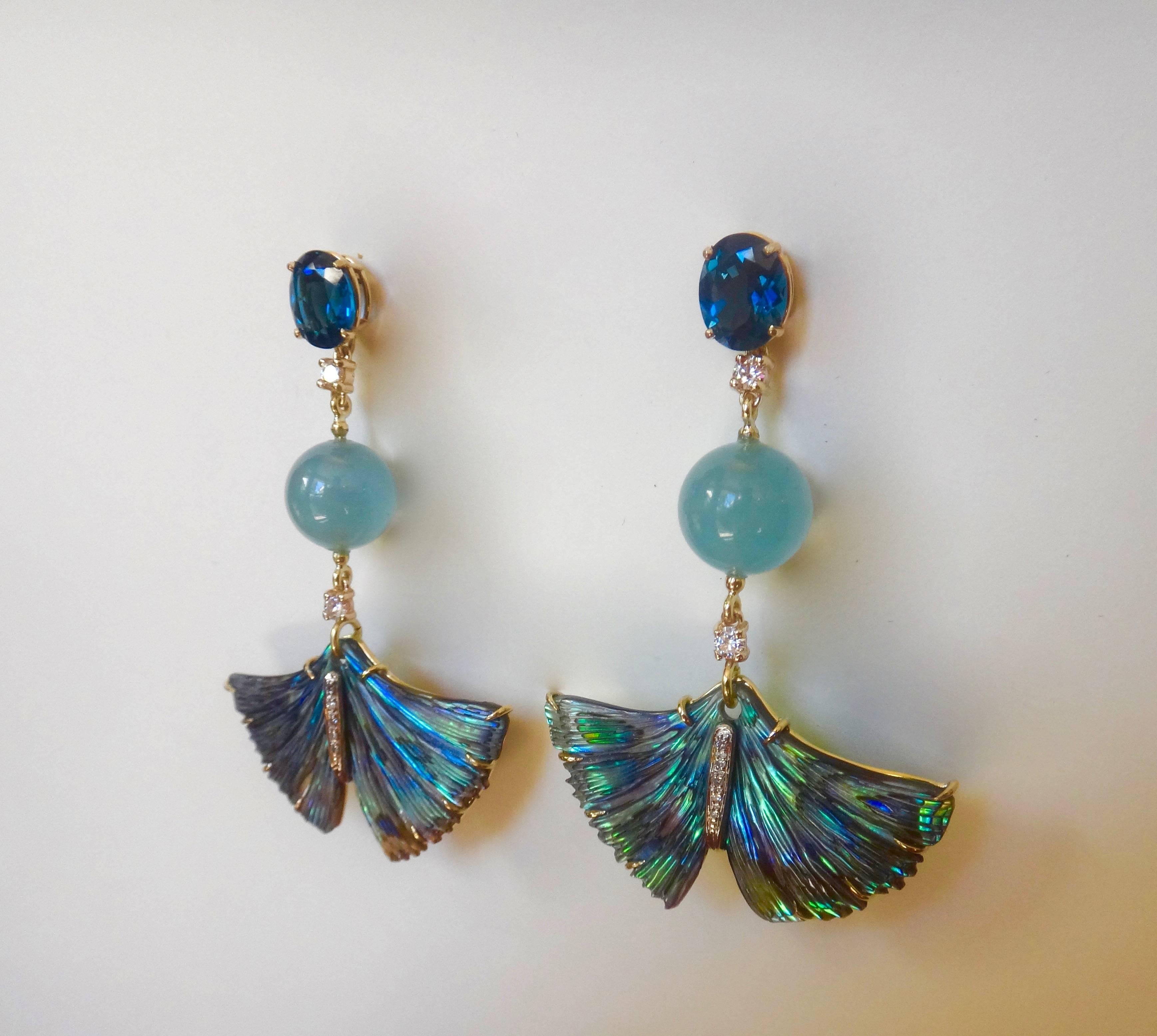 Michael Kneebone Topaz Aquamarine Diamond Abalone Ginkgo Leaf Dangle Earrings In Excellent Condition In Austin, TX
