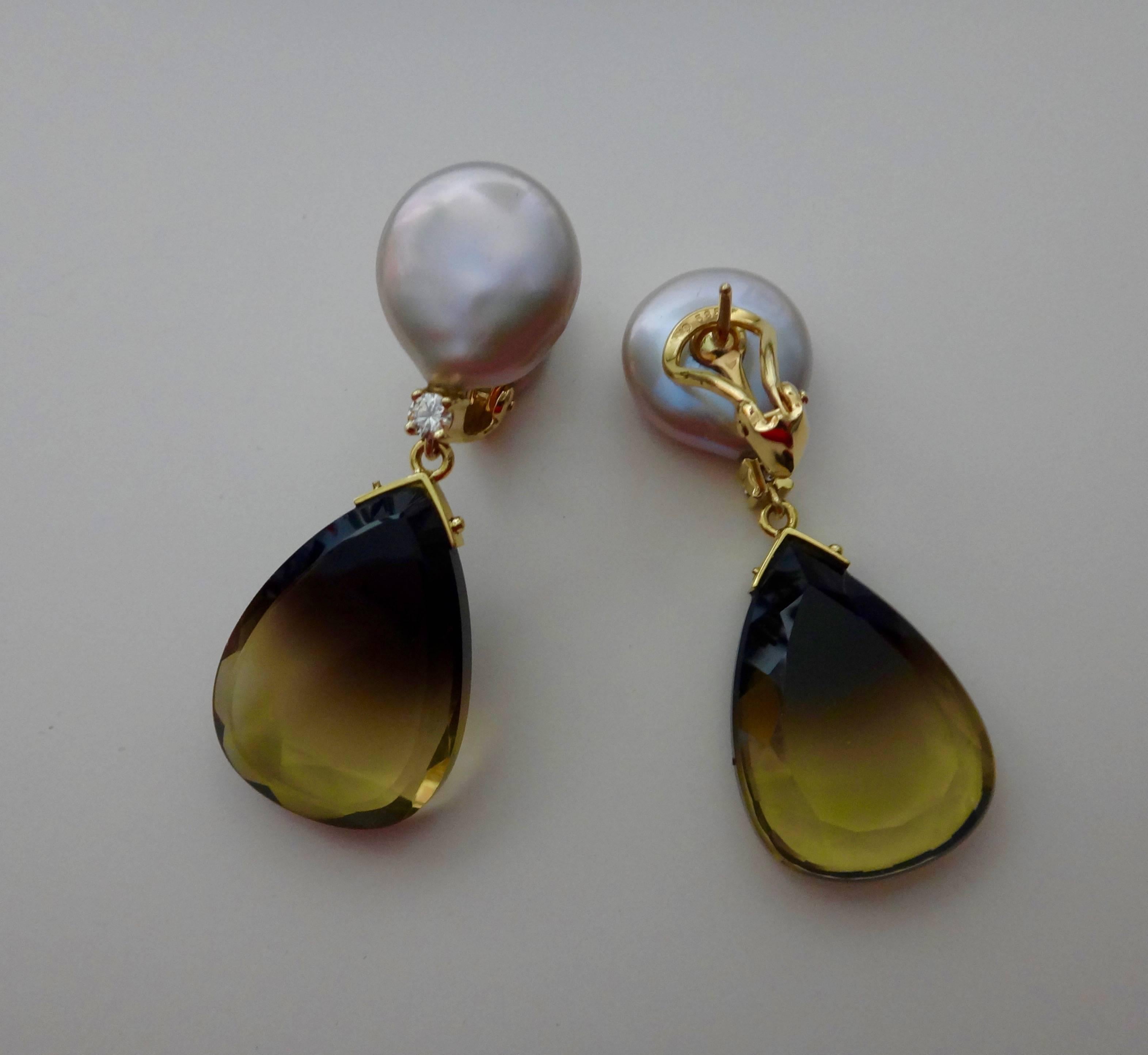 Contemporary Michael Kneebone Bi-Color Quartz Coin Pearl Diamond Dangle Earrings