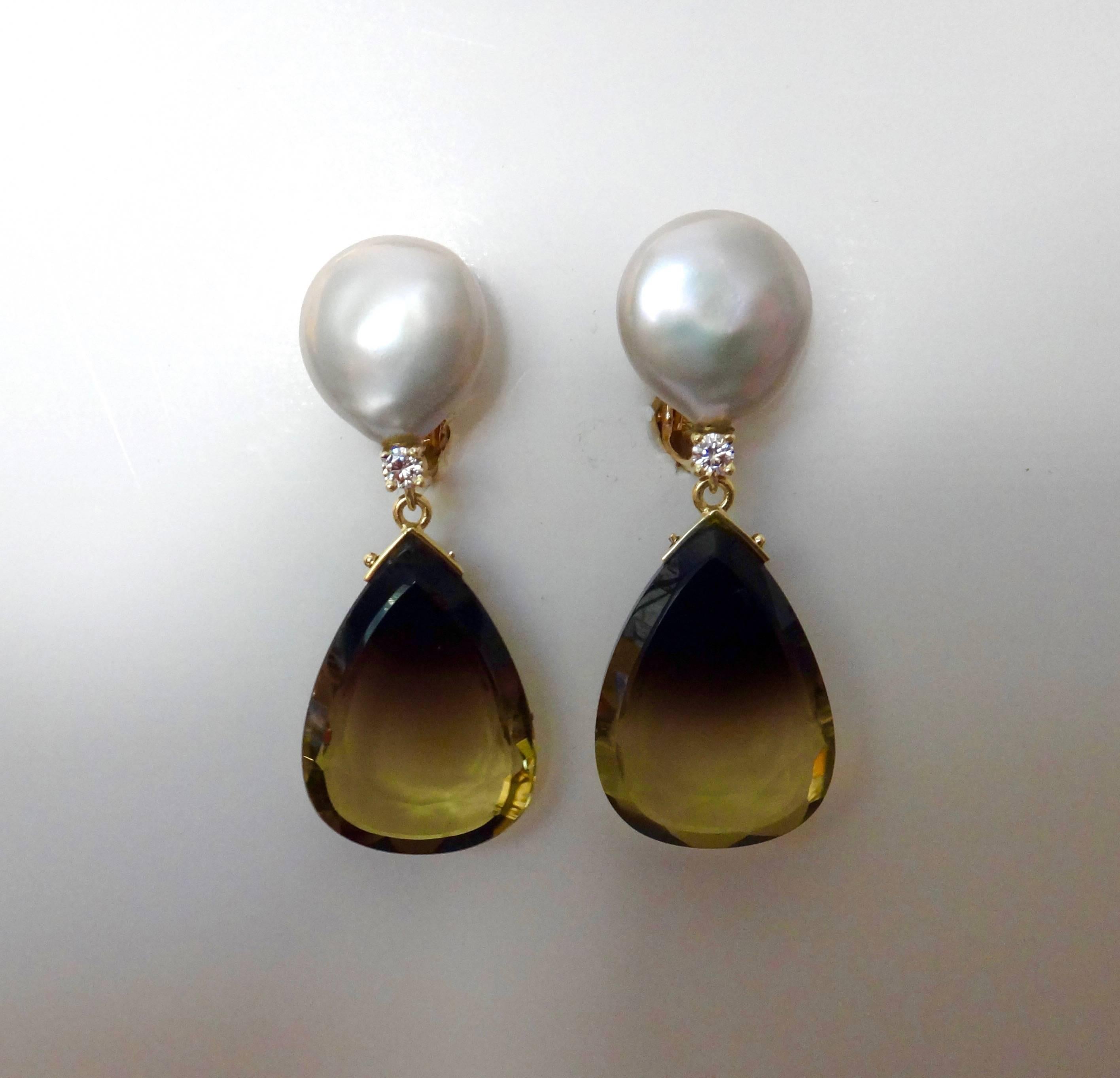 Michael Kneebone Bi-Color Quartz Coin Pearl Diamond Dangle Earrings In Excellent Condition In Austin, TX