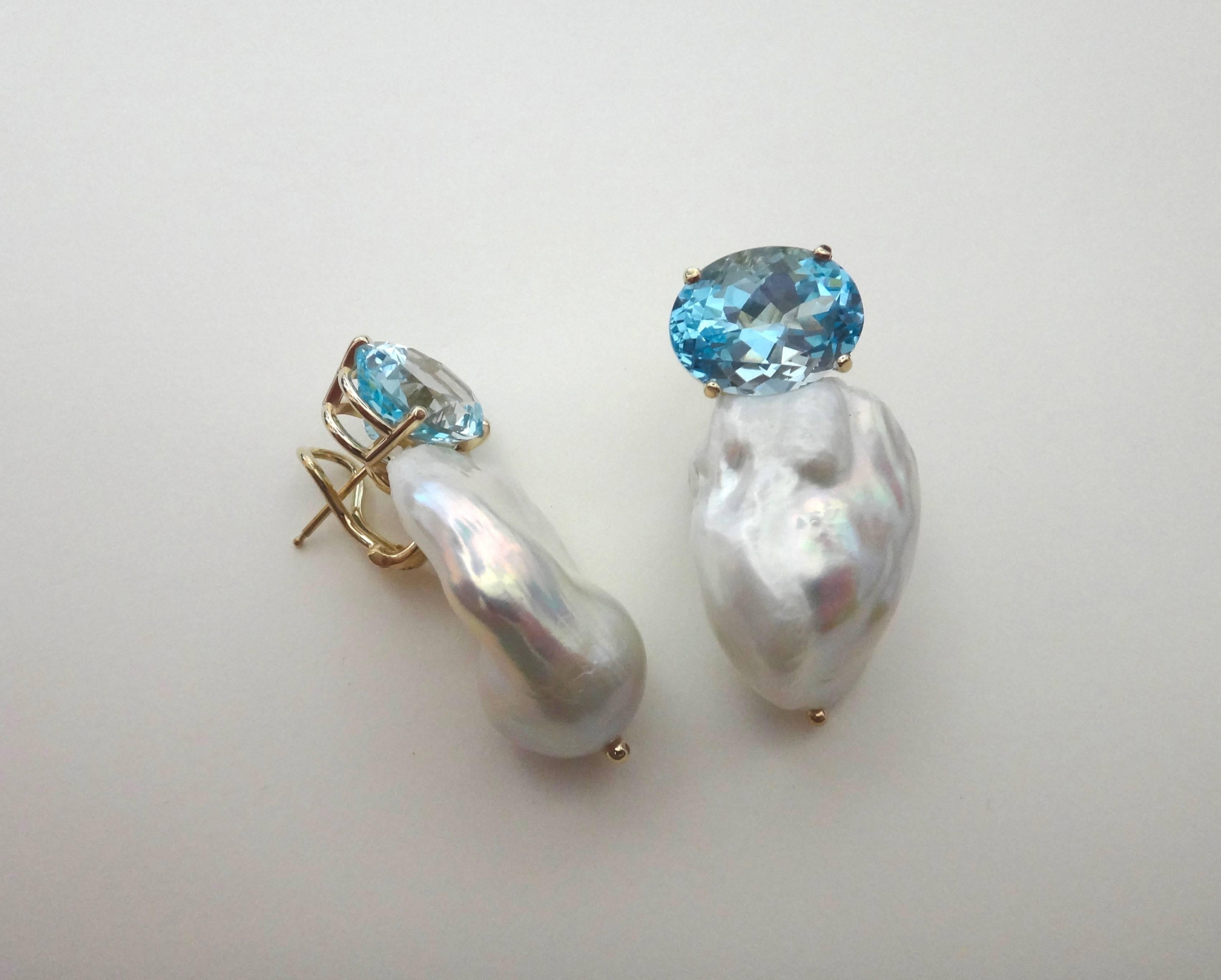 Contemporary Michael Kneebone Sky Blue Topaz White Baroque Cultured Pearl Earrings