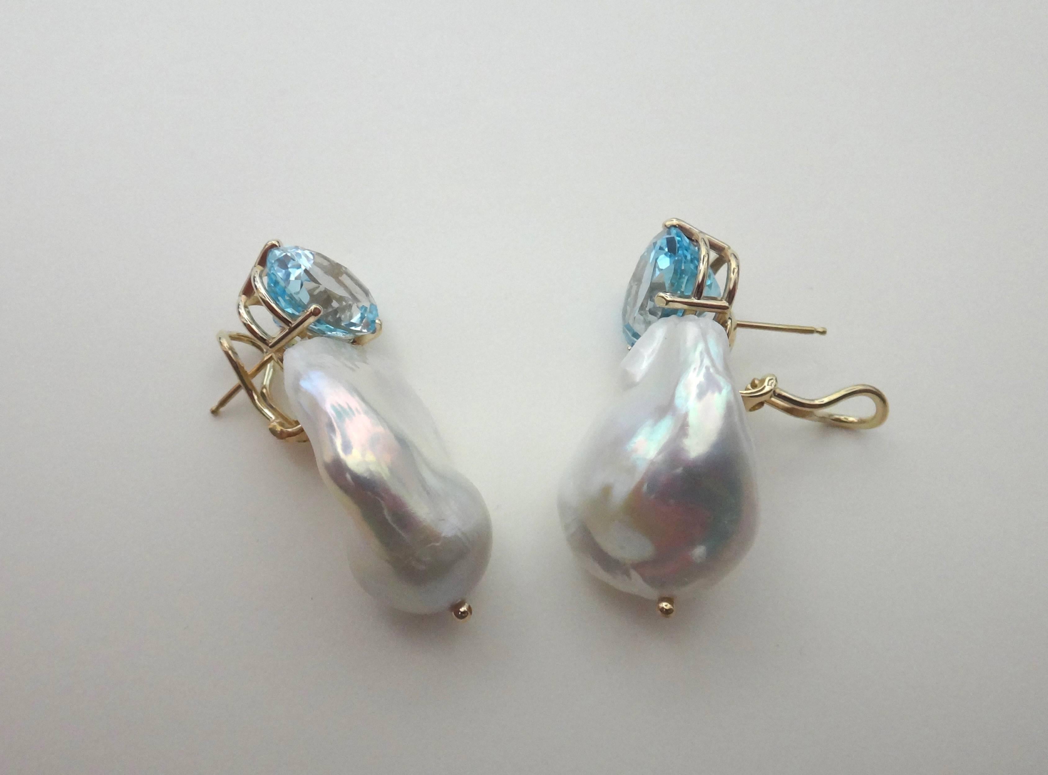 Michael Kneebone Sky Blue Topaz White Baroque Cultured Pearl Earrings In Excellent Condition In Austin, TX