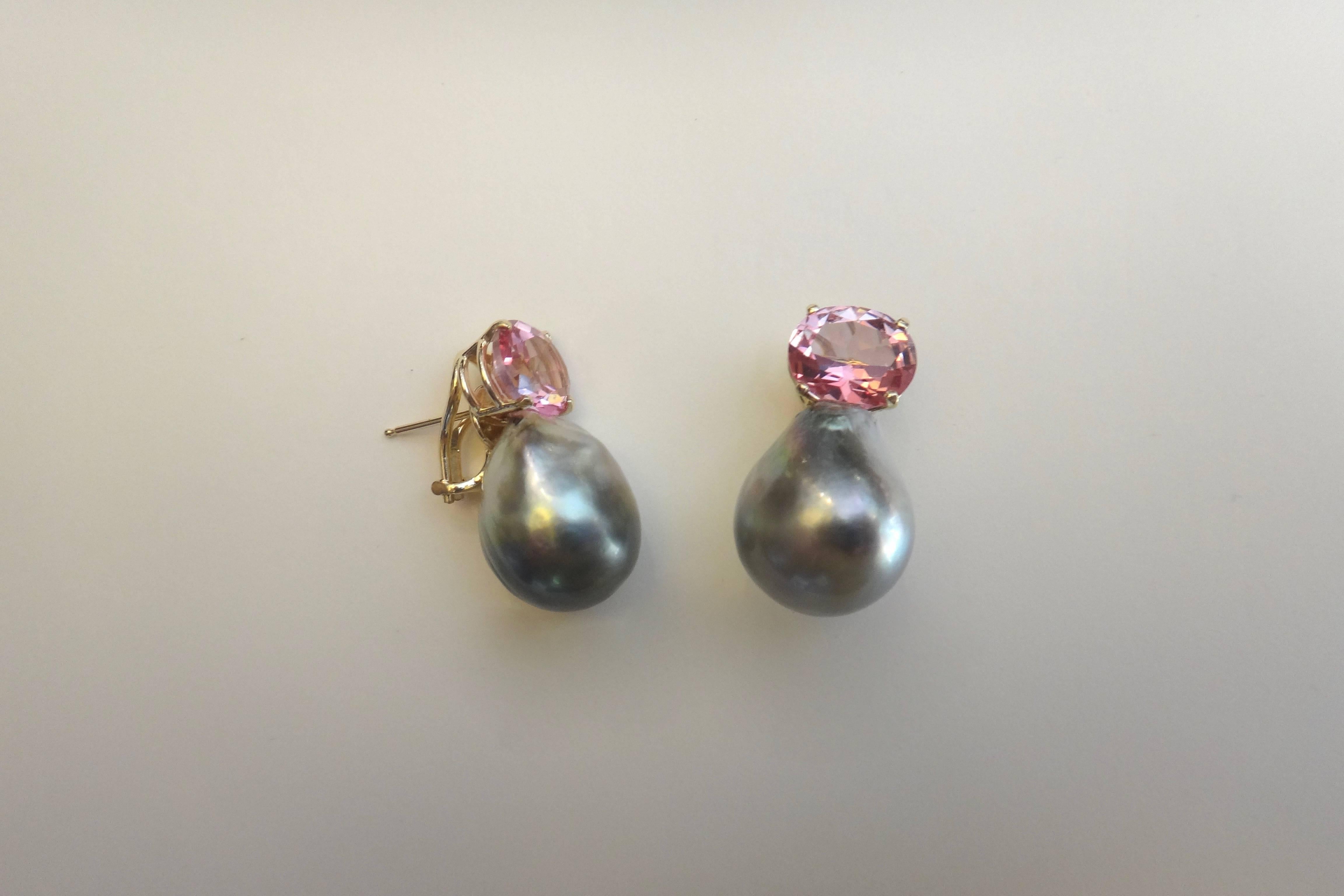 Michael Kneebone Pink Topaz Baroque Tahitian Pearl Earrings In Excellent Condition In Austin, TX