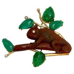 Michael Kneebone Carved Jasper Chrysoprase Green Onyx Diamond Chameleon Brooch