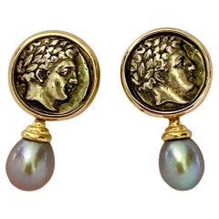Michael Kneebone Silver Apollo Coin Tahitian Pearl Drop Earrings