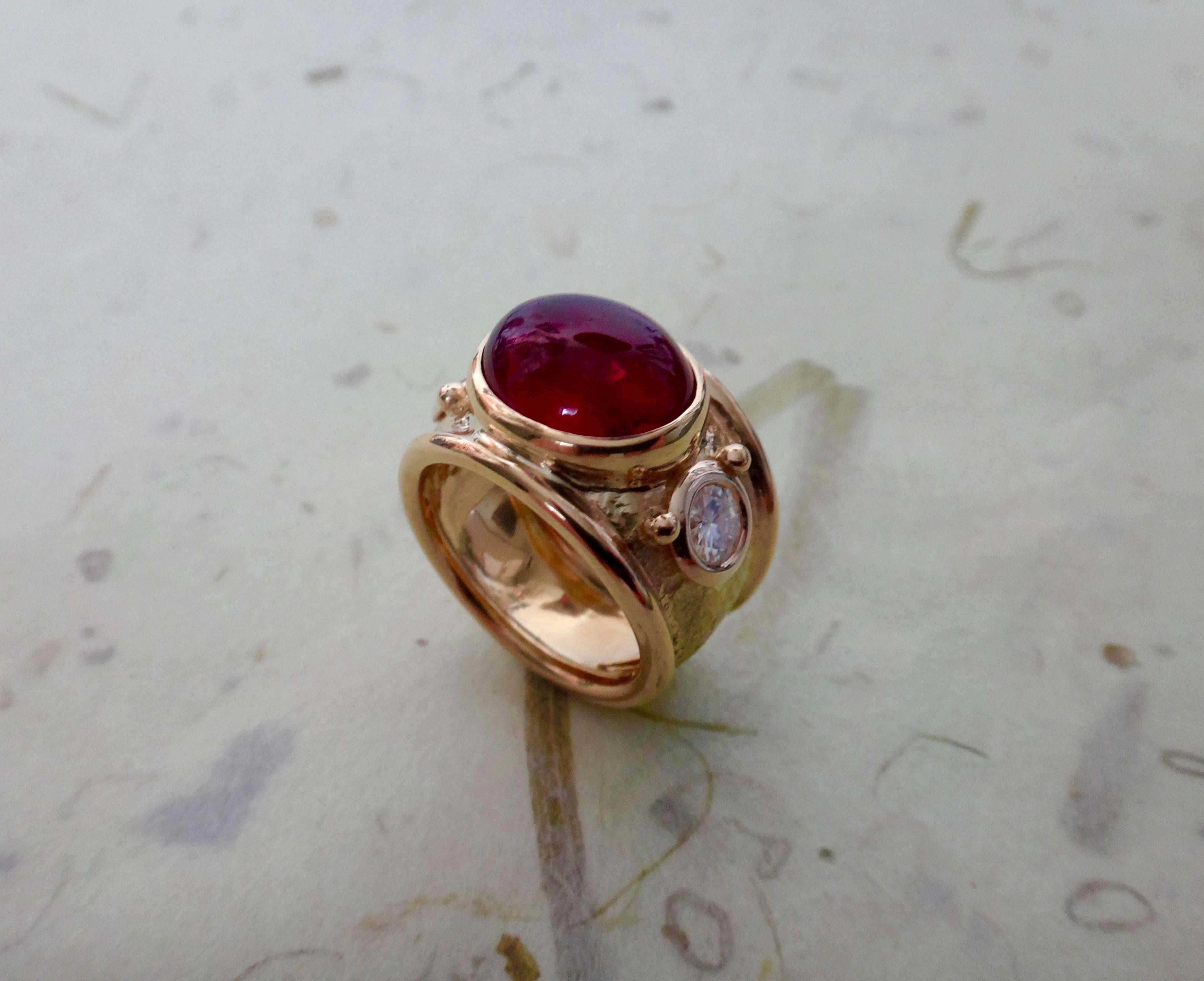Women's or Men's Michael Kneebone Rubelite White Diamond Yellow Gold Bombe Ring