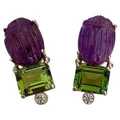 Carved Amethyst Peridot Diamond Scarab Drop Earrings