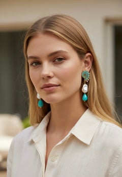 Michael Kneebone Fossil Ammonite Diamond Pearl Amazonite Dangle Earrings