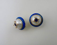 Michael Kneebone Sapphire Diamond Mobe Pearl Lapis Lazuli Button Earrings