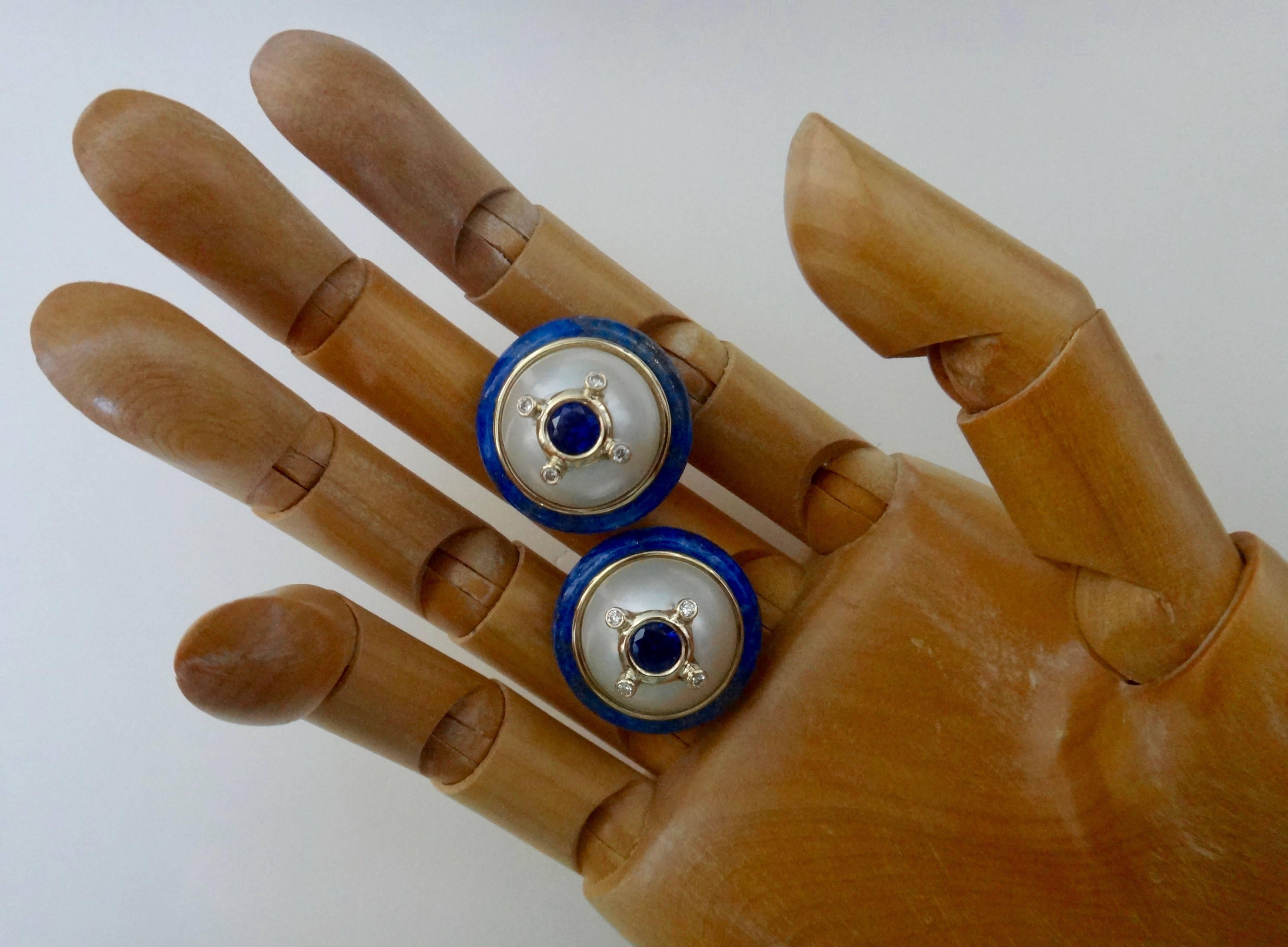 Contemporary Michael Kneebone Sapphire Diamond Mobe Pearl Lapis Lazuli Button Earrings