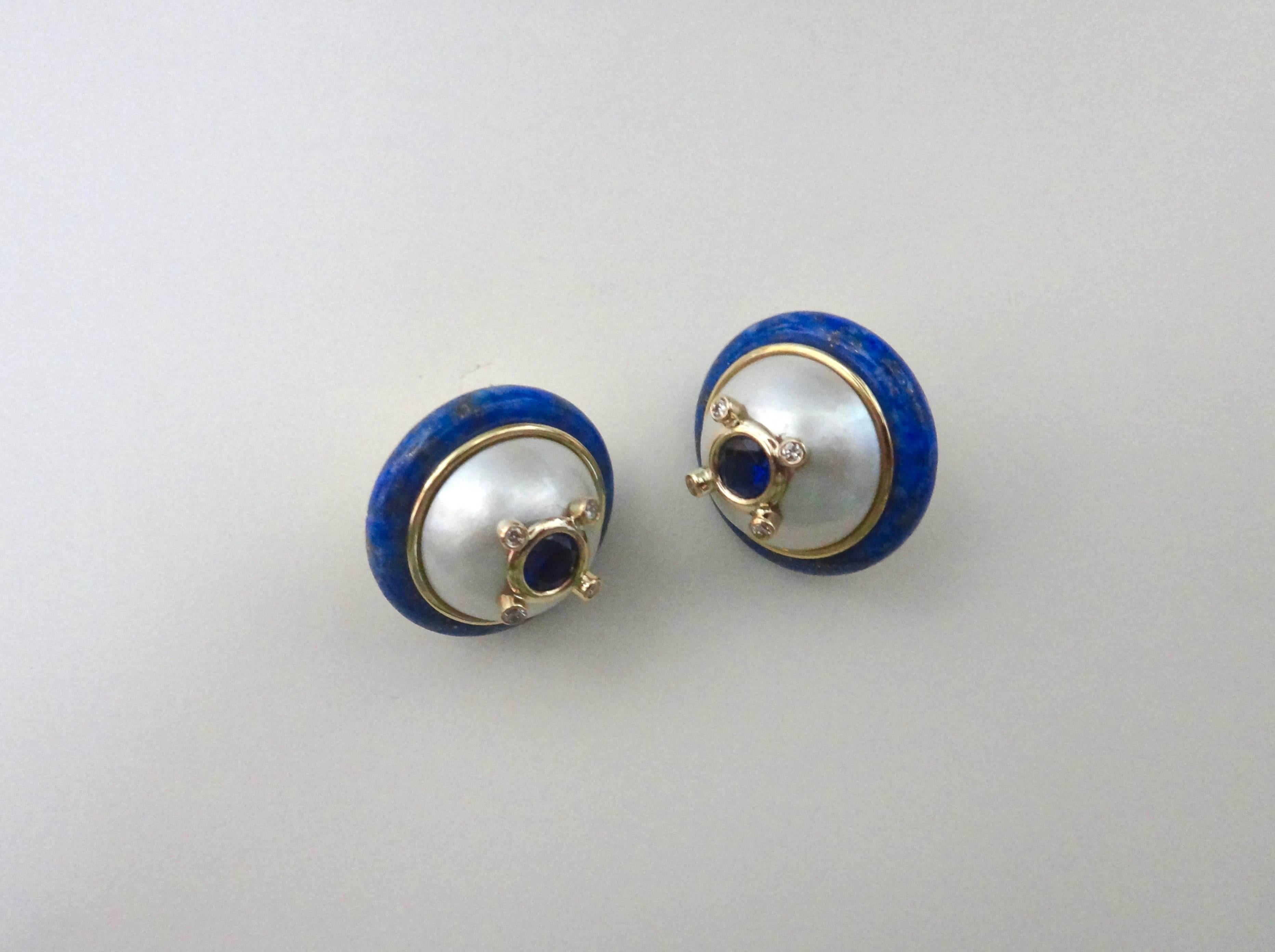 Michael Kneebone Sapphire Diamond Mobe Pearl Lapis Lazuli Button Earrings In Excellent Condition In Austin, TX