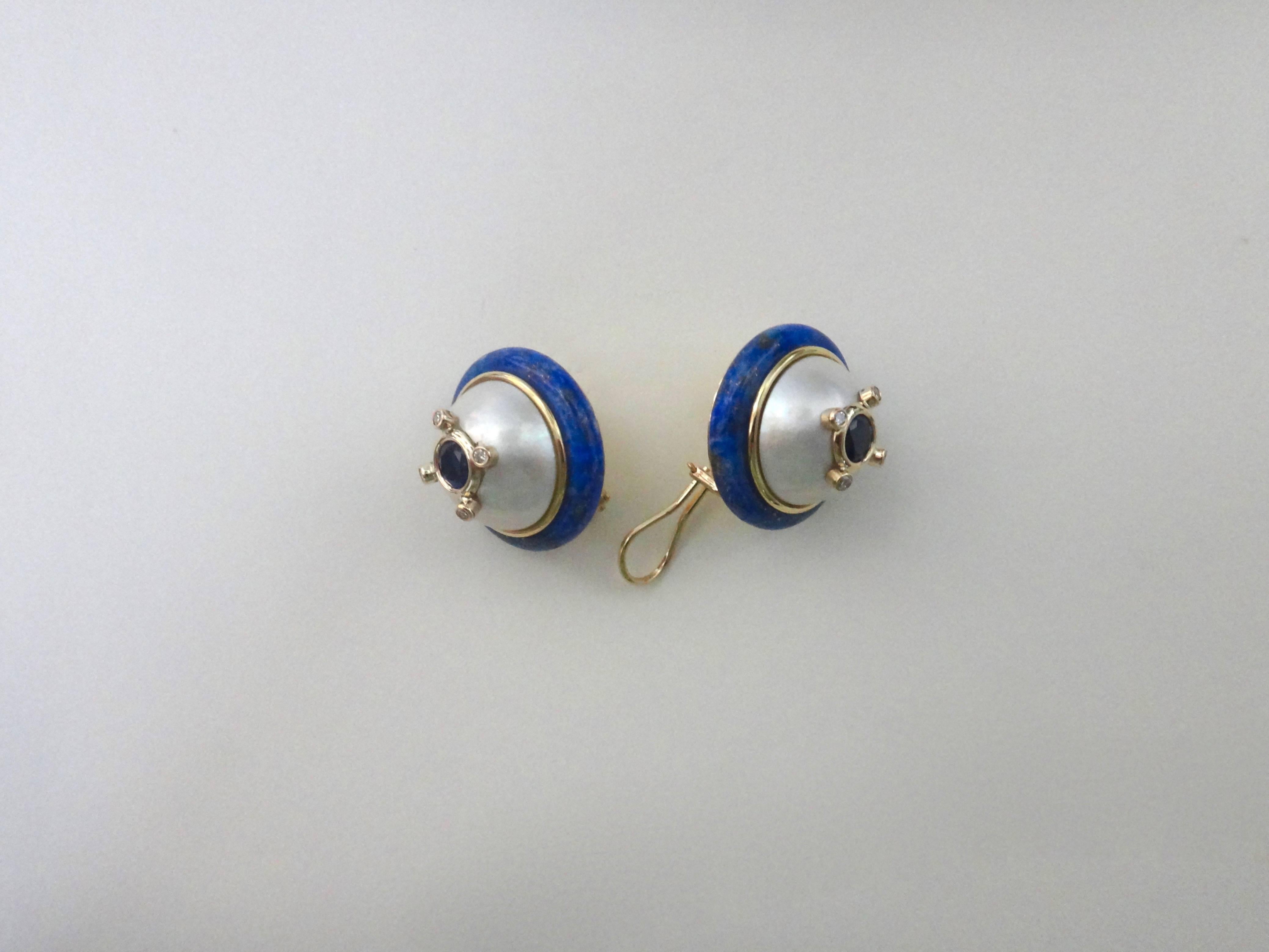 Women's Michael Kneebone Sapphire Diamond Mobe Pearl Lapis Lazuli Button Earrings