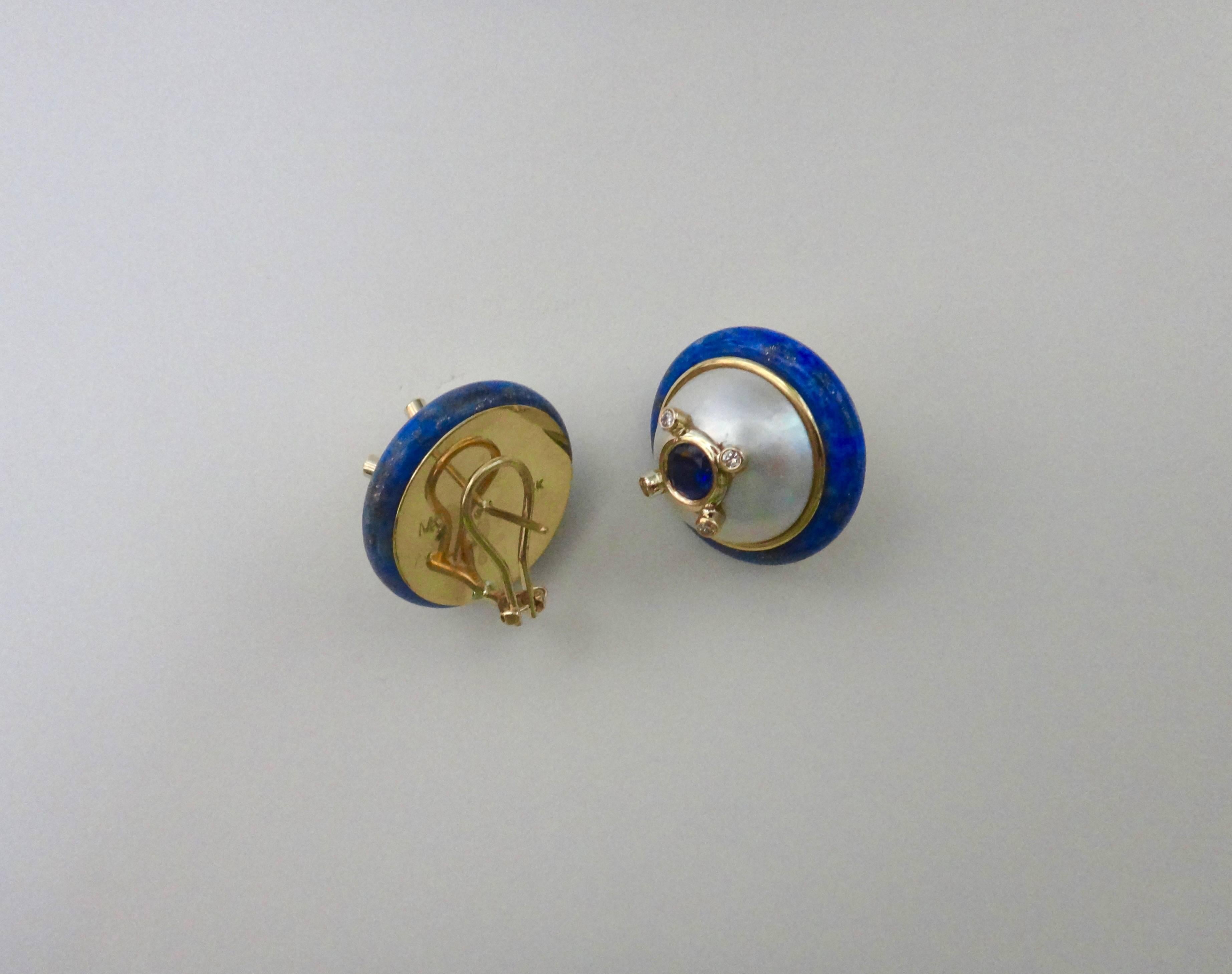 Michael Kneebone Sapphire Diamond Mobe Pearl Lapis Lazuli Button Earrings 1