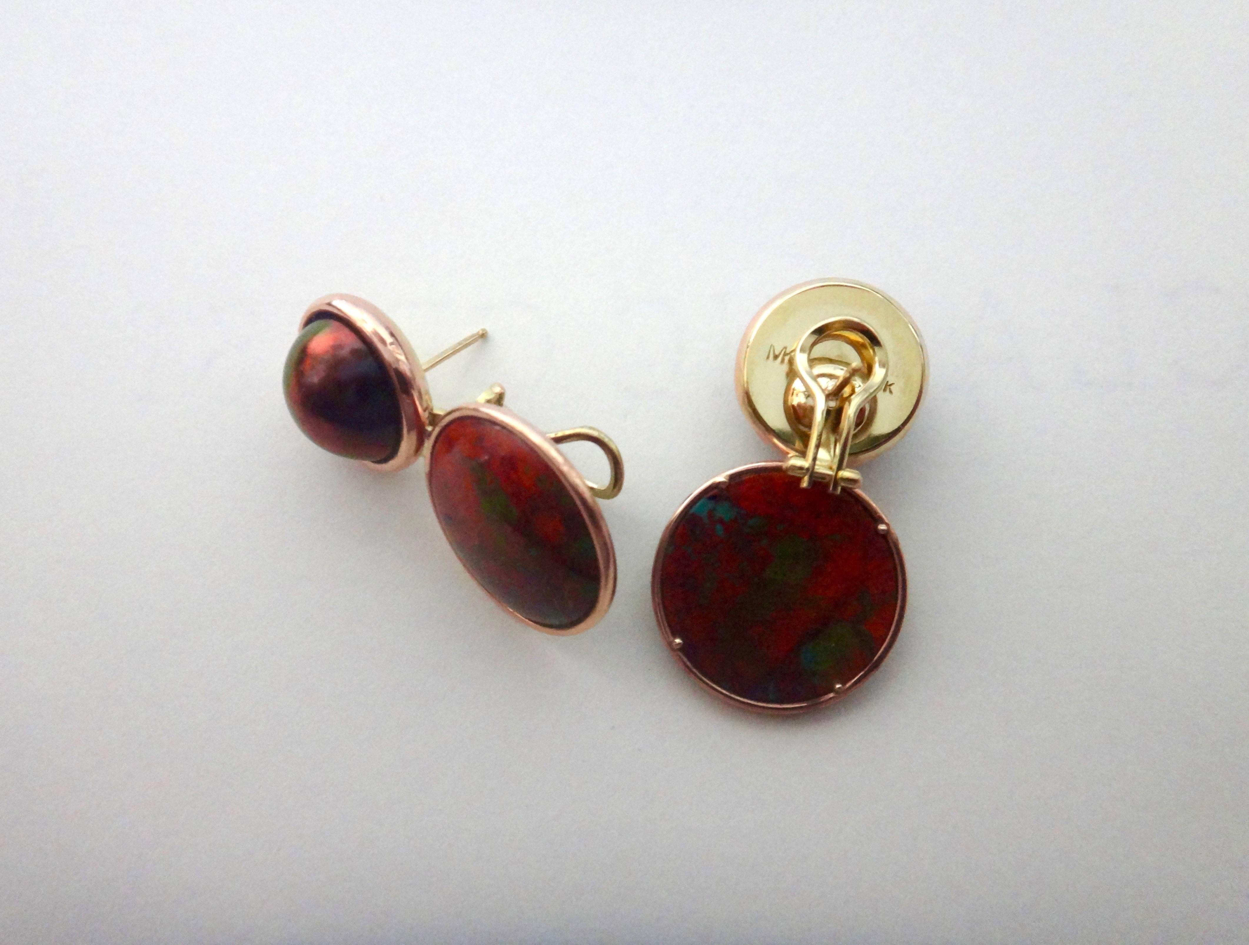 Contemporary Michael Kneebone Bronze Mobe Pearl Red Jasper Pink Gold Drop Earrings