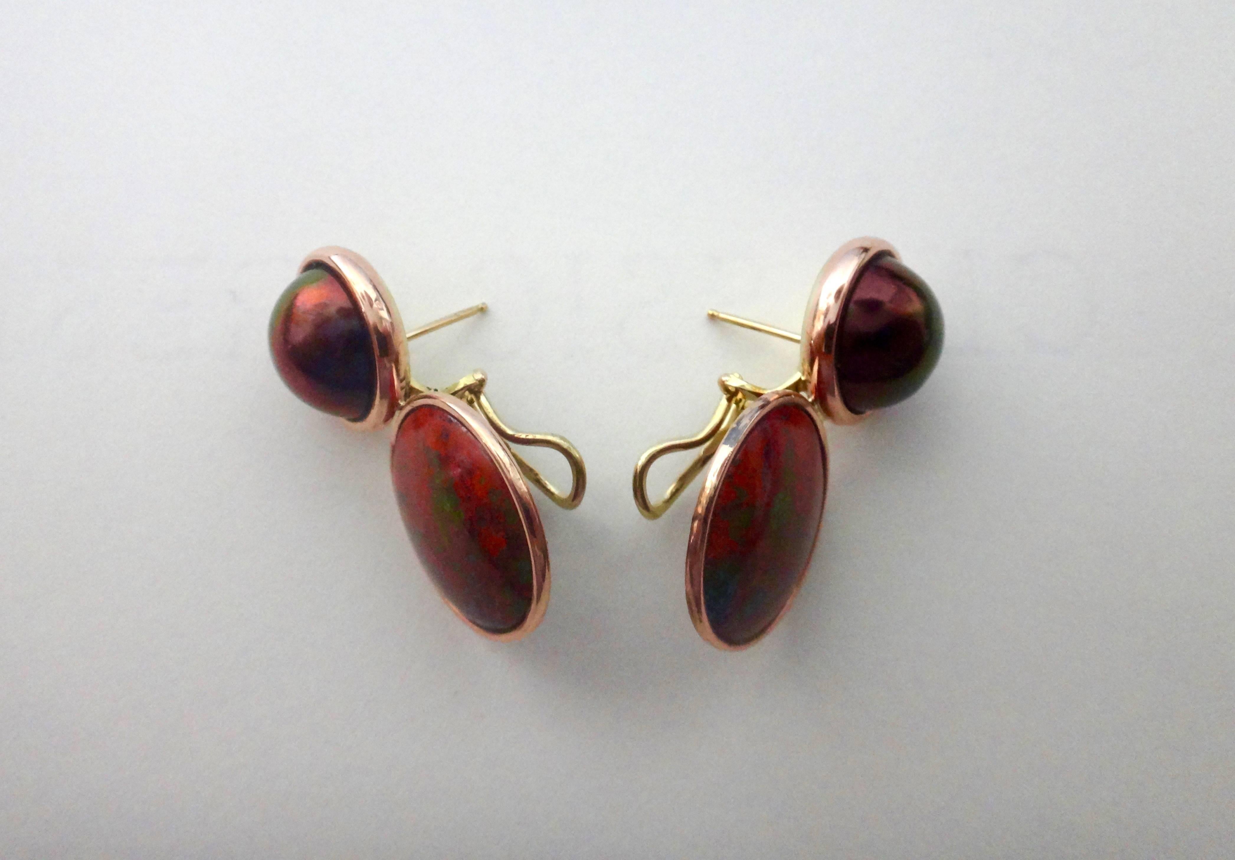 Michael Kneebone Bronze Mobe Pearl Red Jasper Pink Gold Drop Earrings In Excellent Condition In Austin, TX