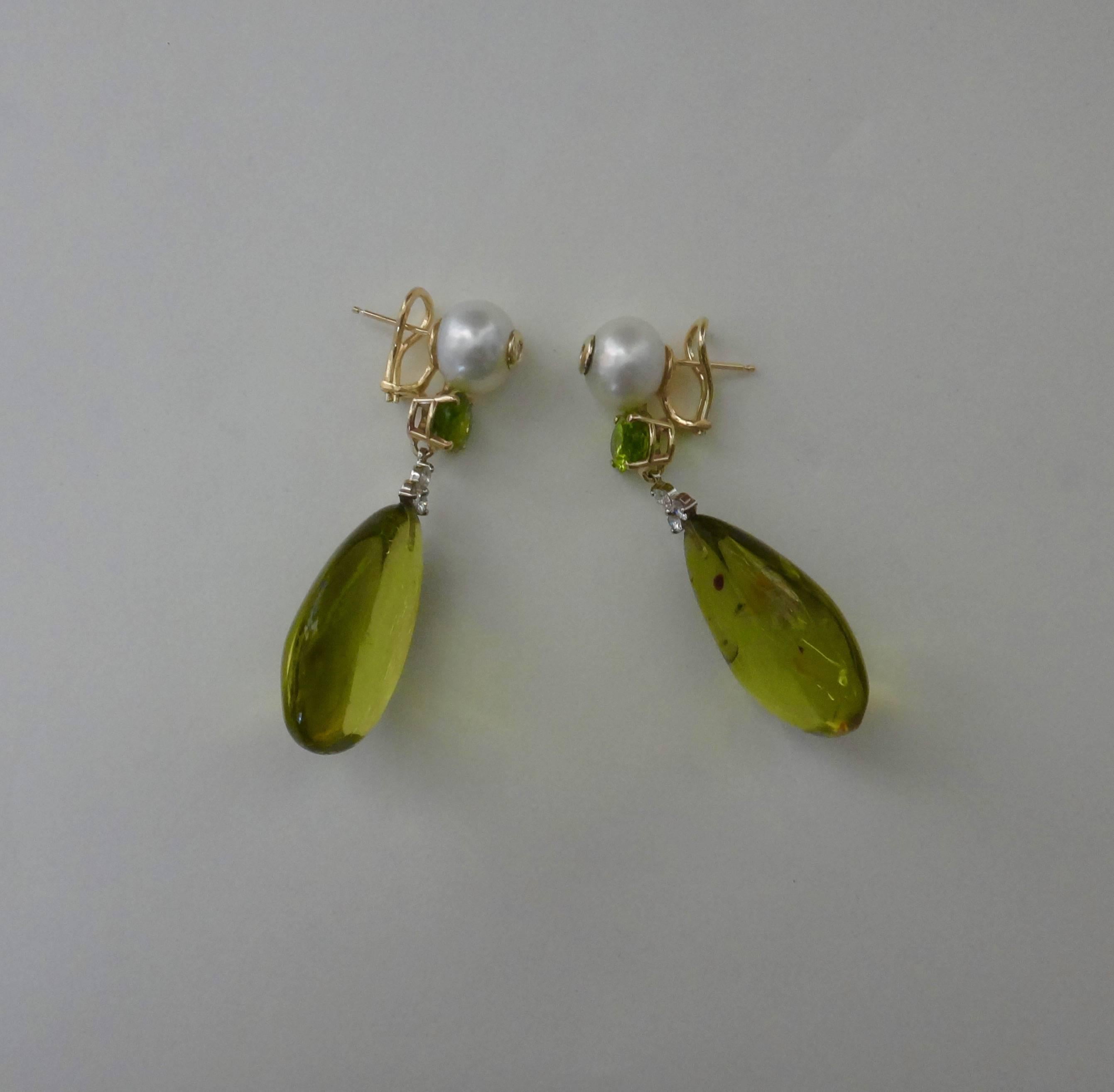 Mixed Cut Michael Kneebone Green Amber Peridot Pearl Diamond Dangle Earrings For Sale