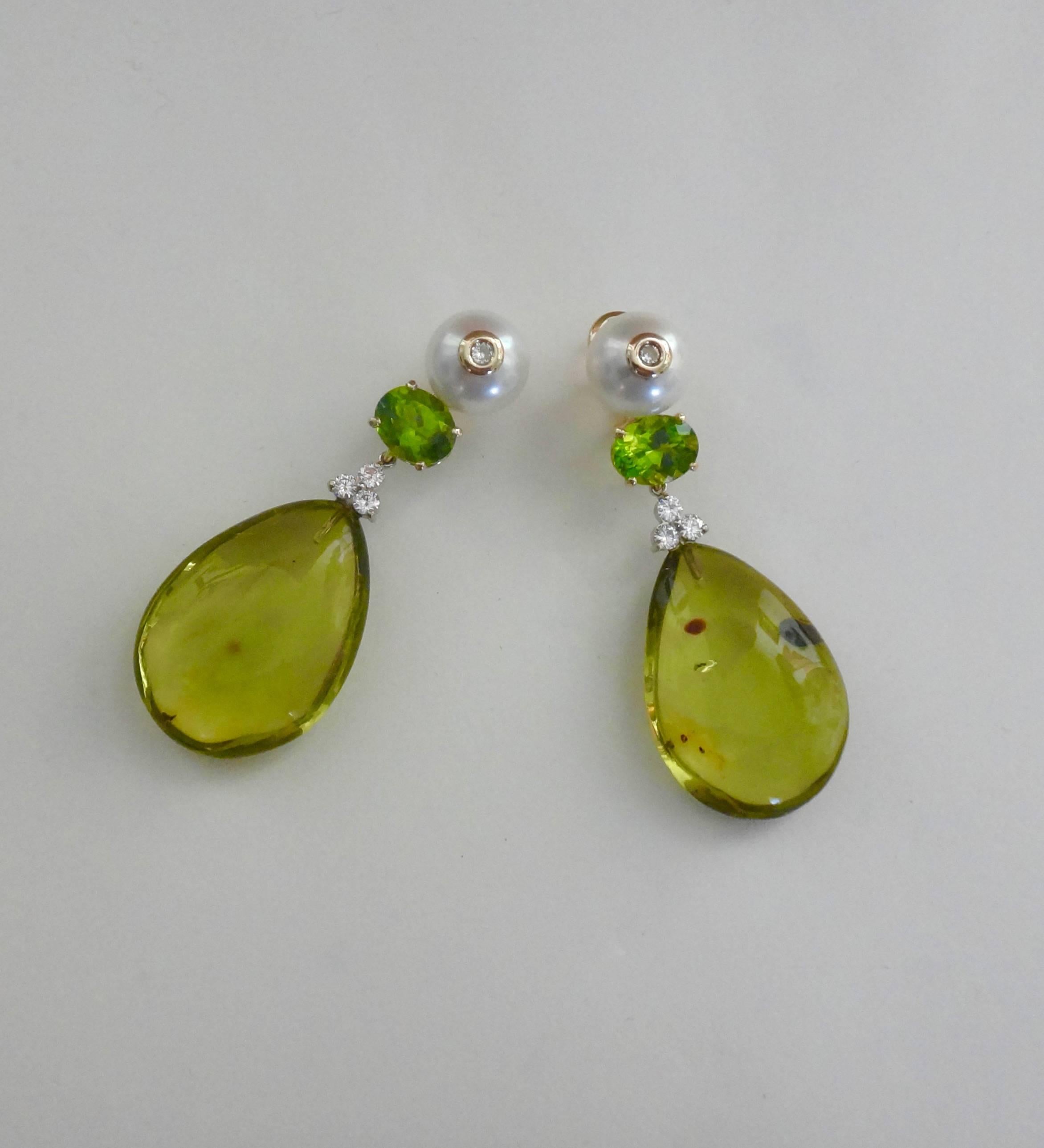 Michael Kneebone Green Amber Peridot Pearl Diamond Dangle Earrings For Sale 2