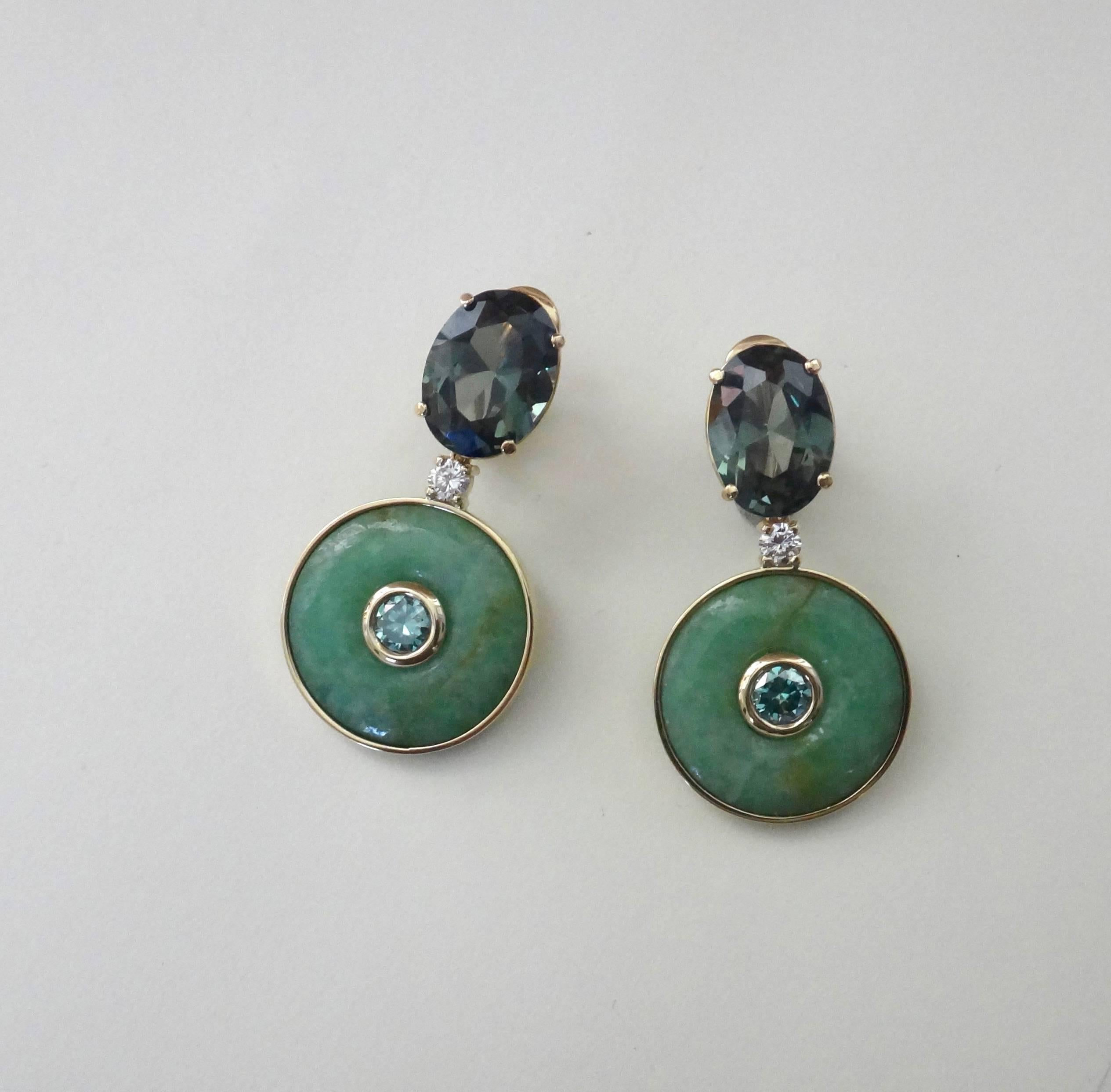 Contemporary Michael Kneebone Burmese Jadeite Tourmaline Diamond Zircon Dangle Earrings