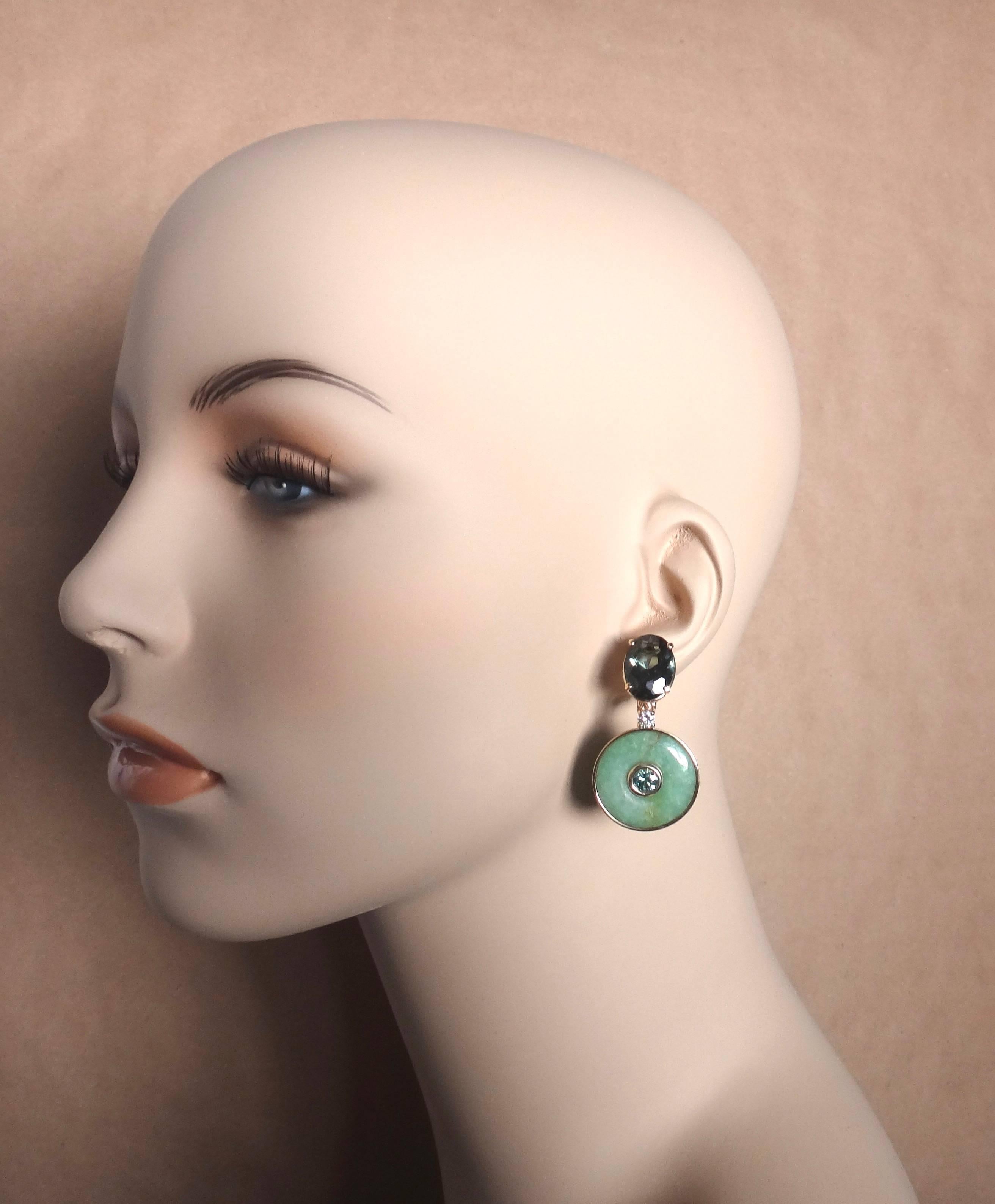 Michael Kneebone Burmese Jadeite Tourmaline Diamond Zircon Dangle Earrings In Excellent Condition In Austin, TX