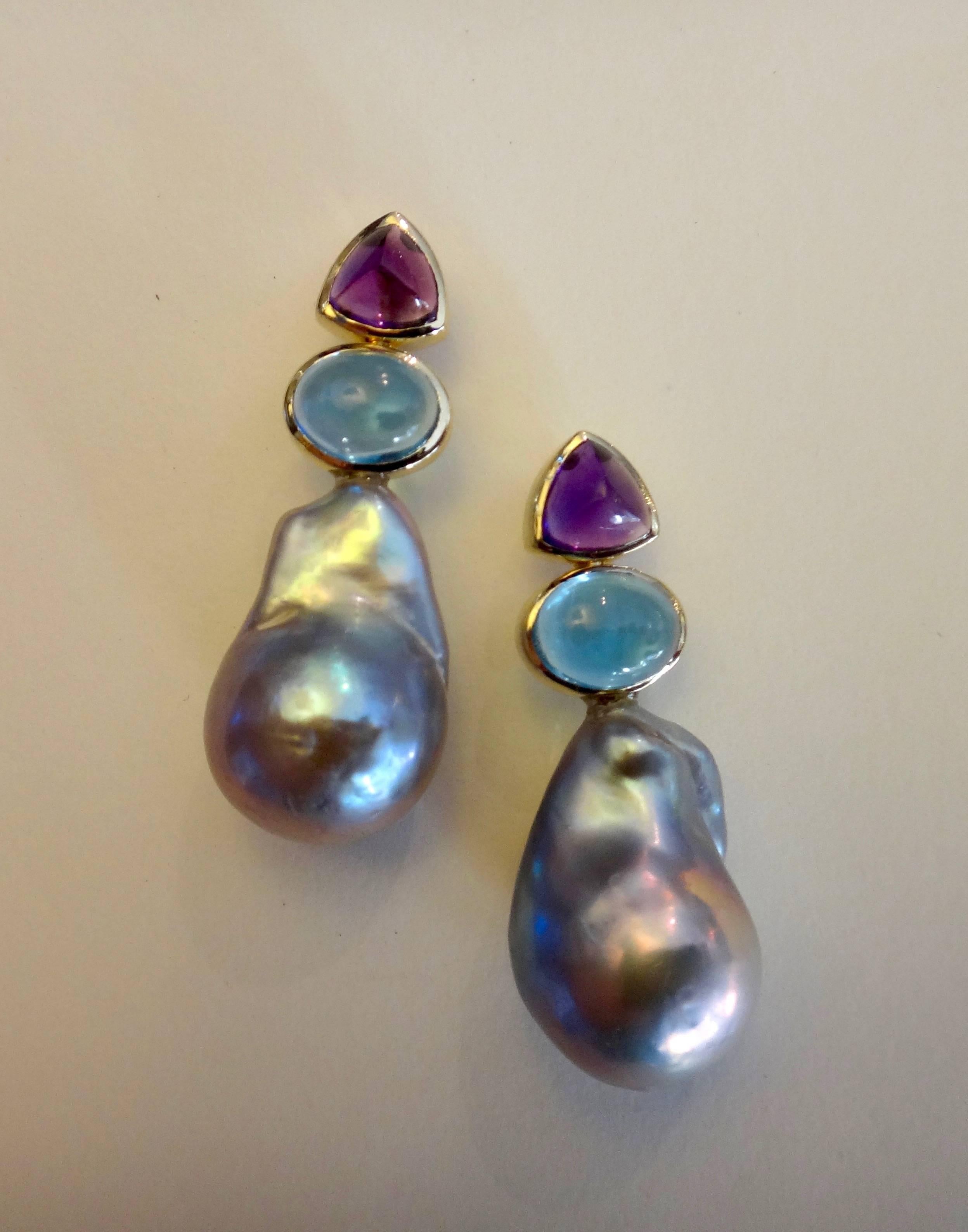 Contemporary Michael Kneebone Amethyst Blue Topaz Baroque Pearl Drop Earrings