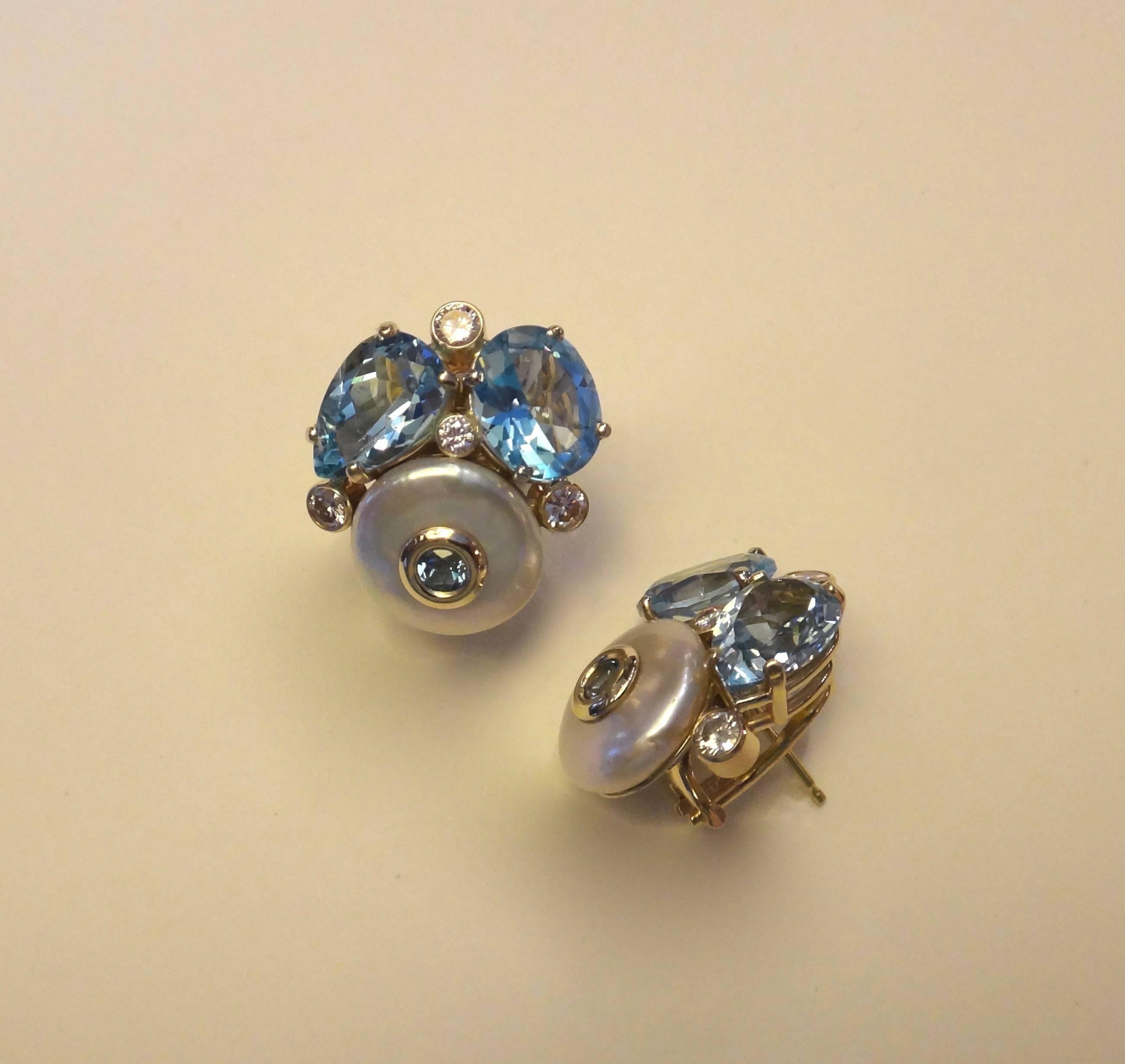 Contemporary Michael Kneebone Blue Topaz Button Pearl Diamond Confetti Earrings For Sale