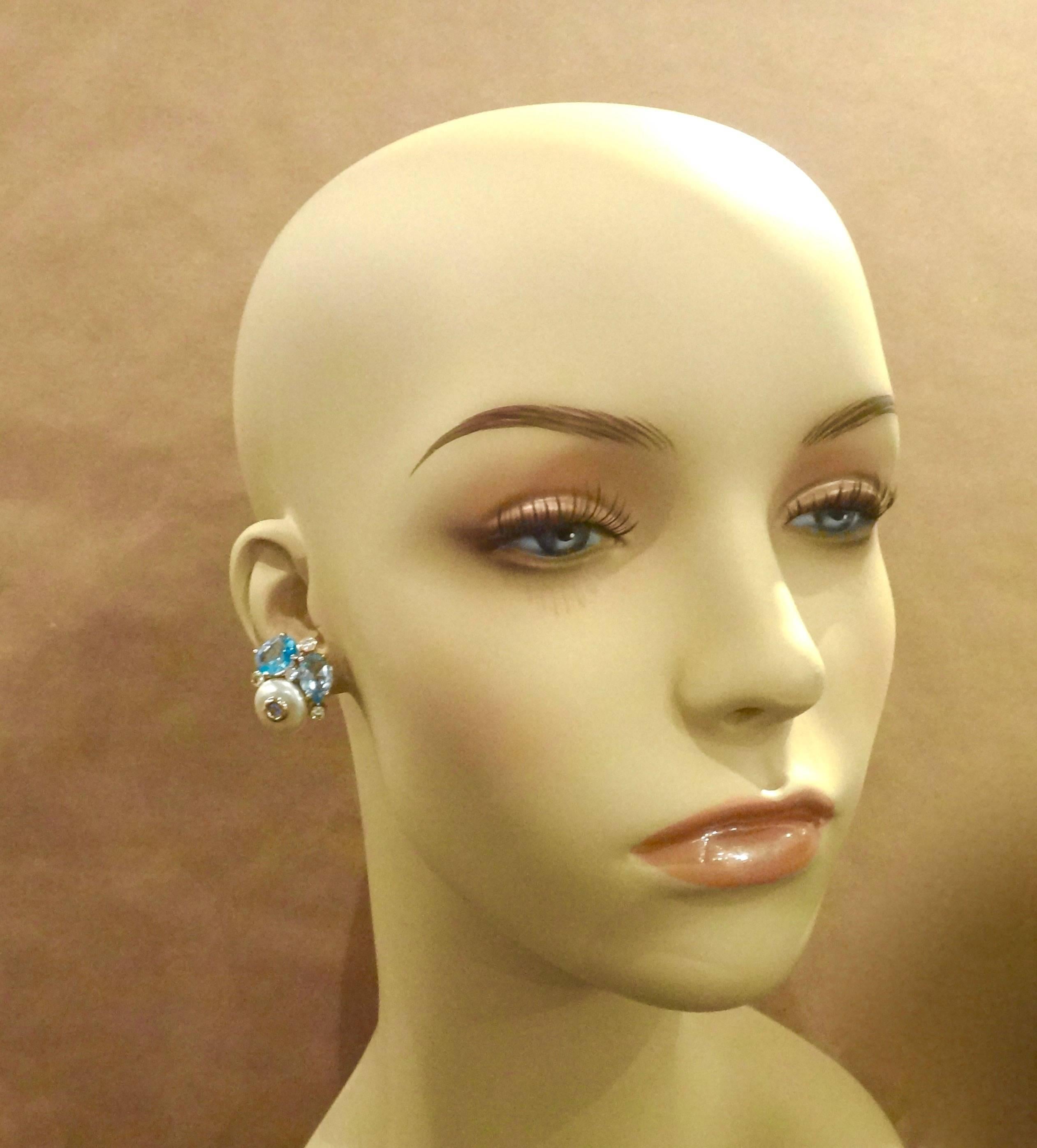 Mixed Cut Michael Kneebone Blue Topaz Button Pearl Diamond Confetti Earrings For Sale
