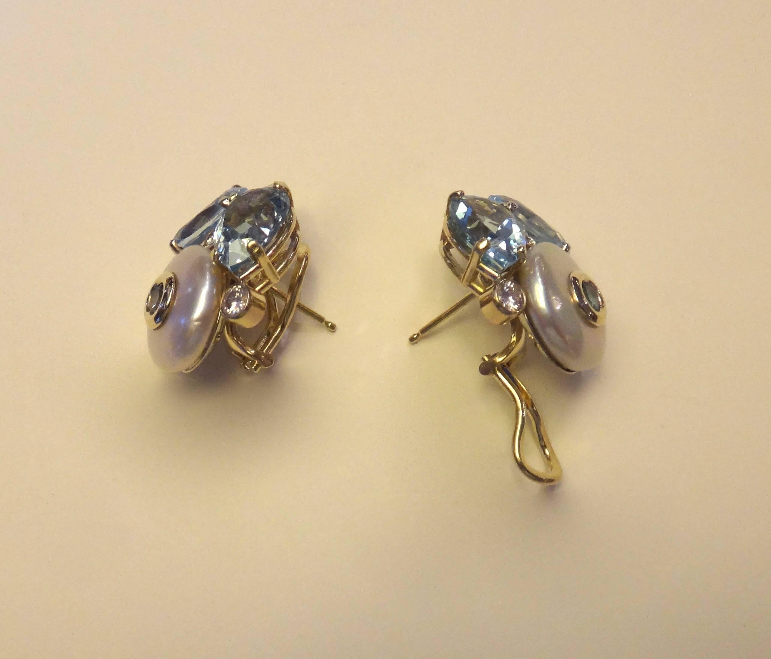 Michael Kneebone Blue Topaz Button Pearl Diamond Confetti Earrings In New Condition For Sale In Austin, TX