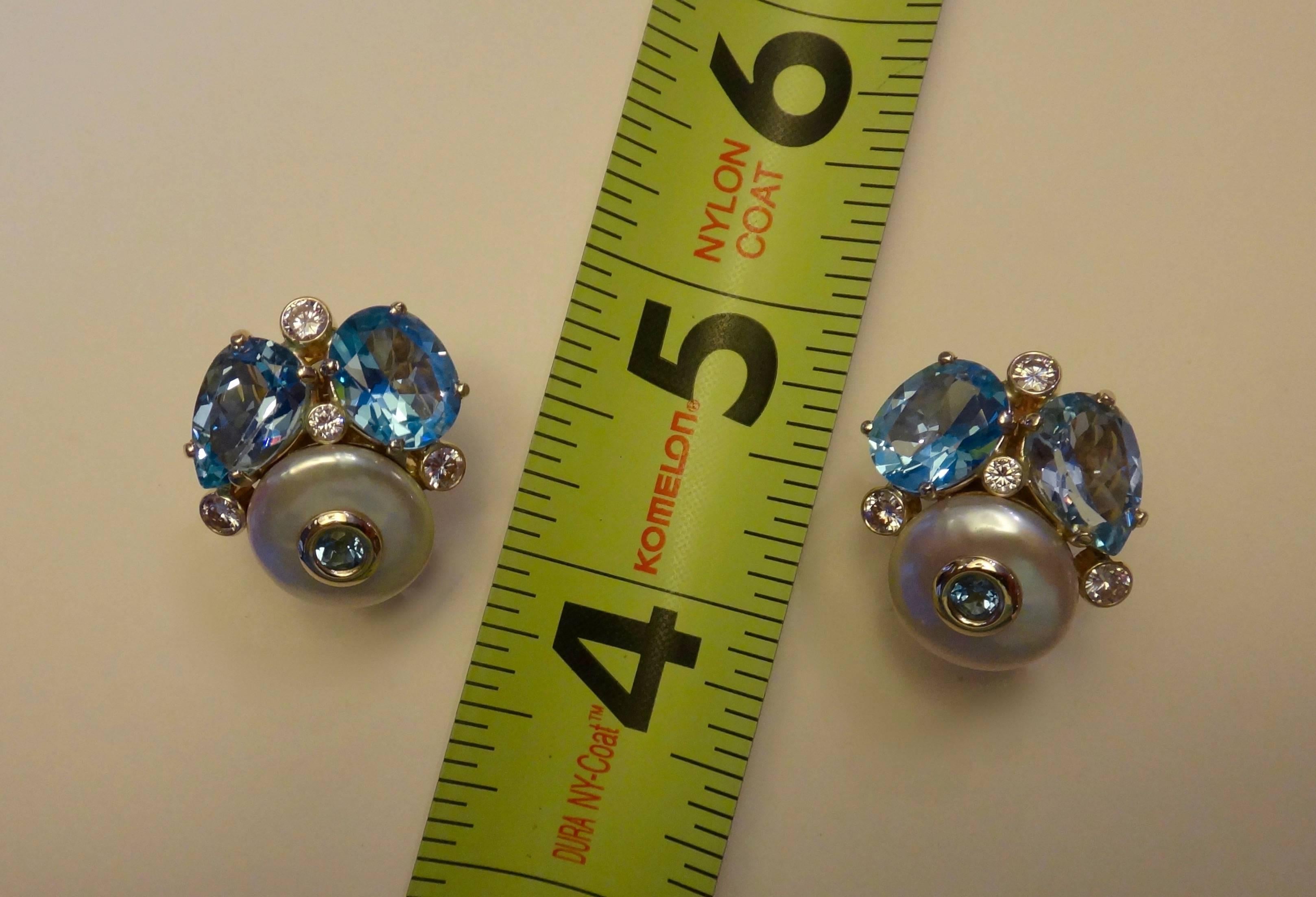 Women's Michael Kneebone Blue Topaz Button Pearl Diamond Confetti Earrings For Sale