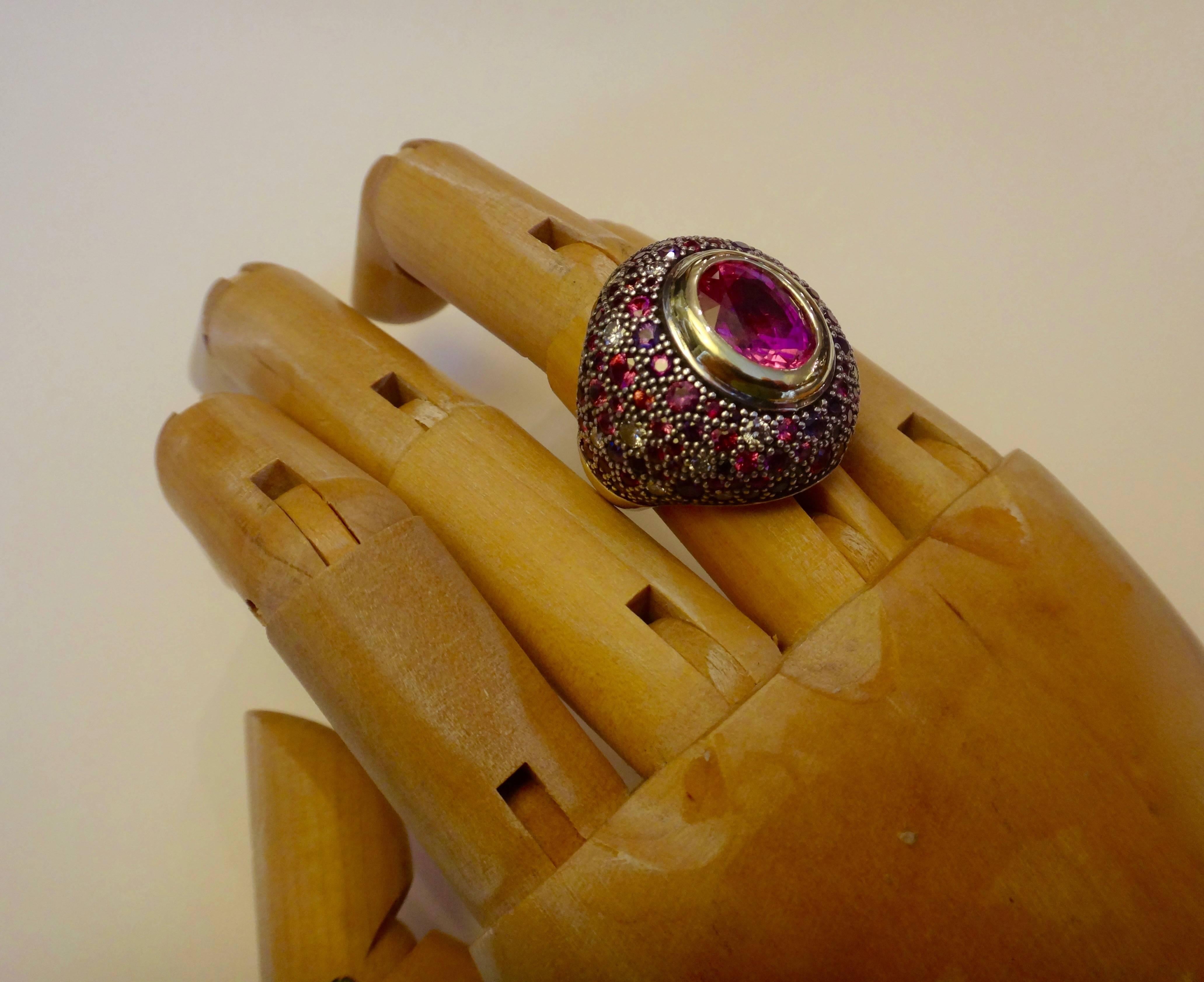Michael Kneebone Pink Sapphire Multicolored Sapphire Diamond Dome Ring In Excellent Condition In Austin, TX