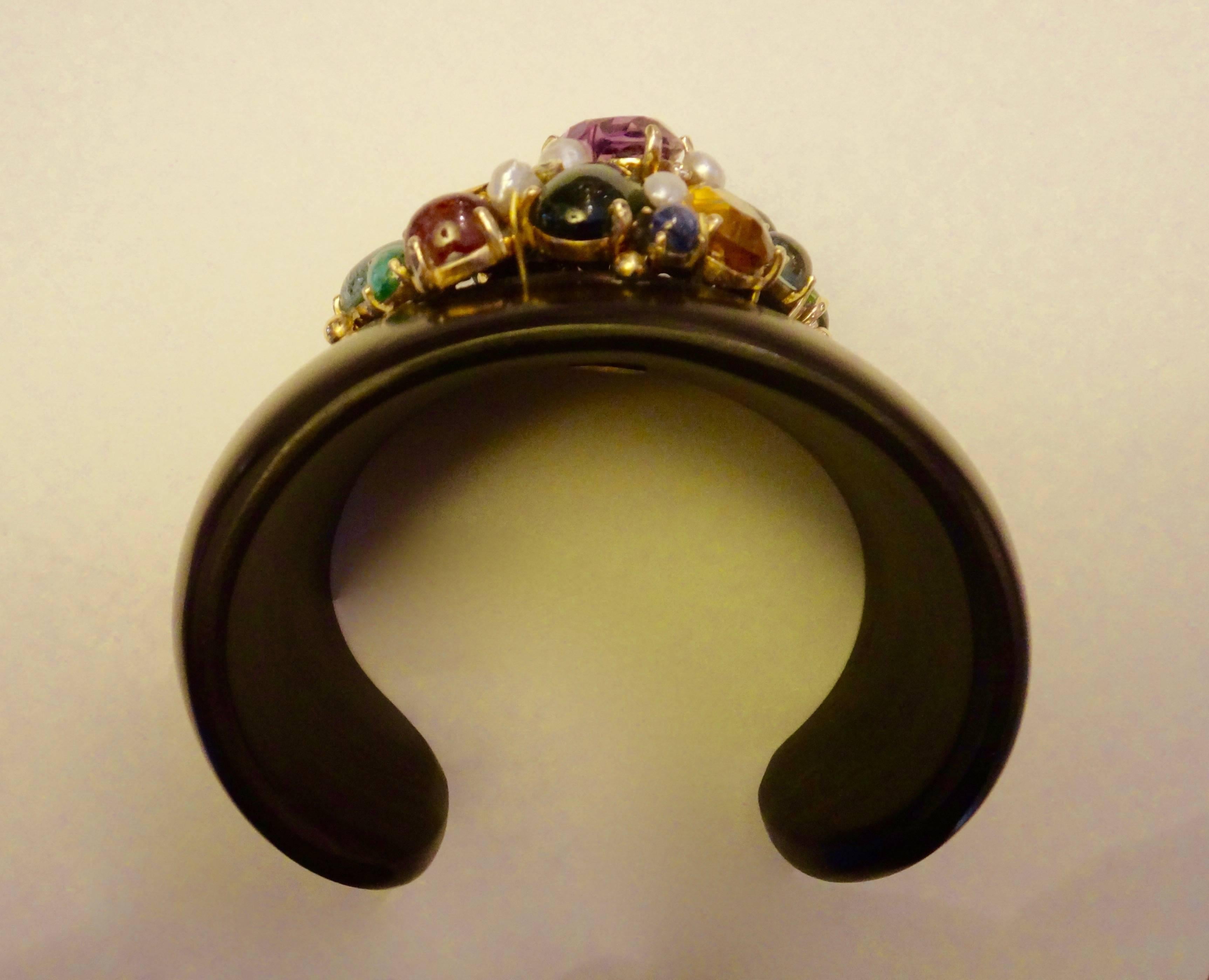 Contemporary Michael Kneebone Multicolored Gemstone Pearl Diamond Ebony Cuff Bracelet