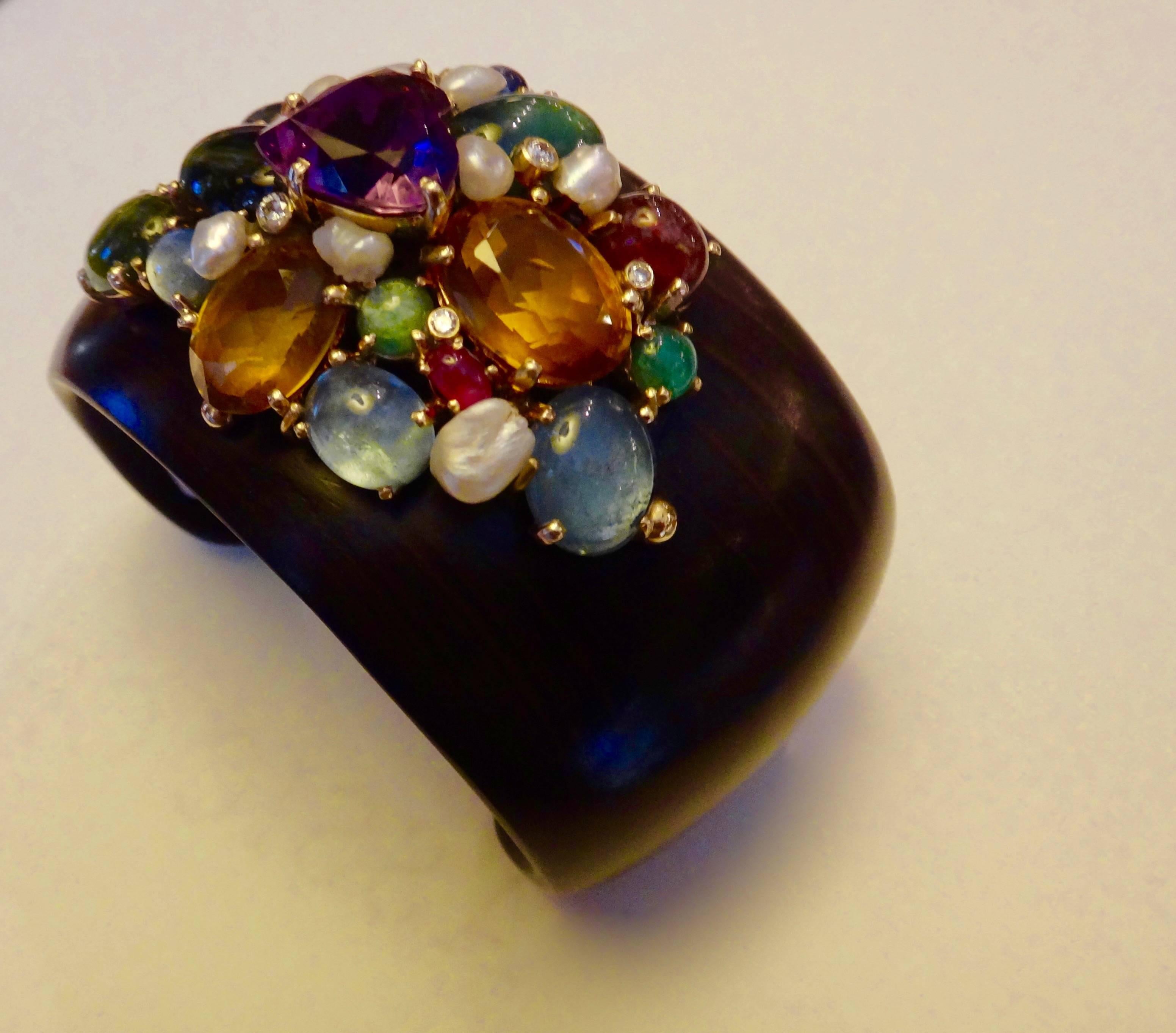 Michael Kneebone Multicolored Gemstone Pearl Diamond Ebony Cuff Bracelet In Excellent Condition In Austin, TX