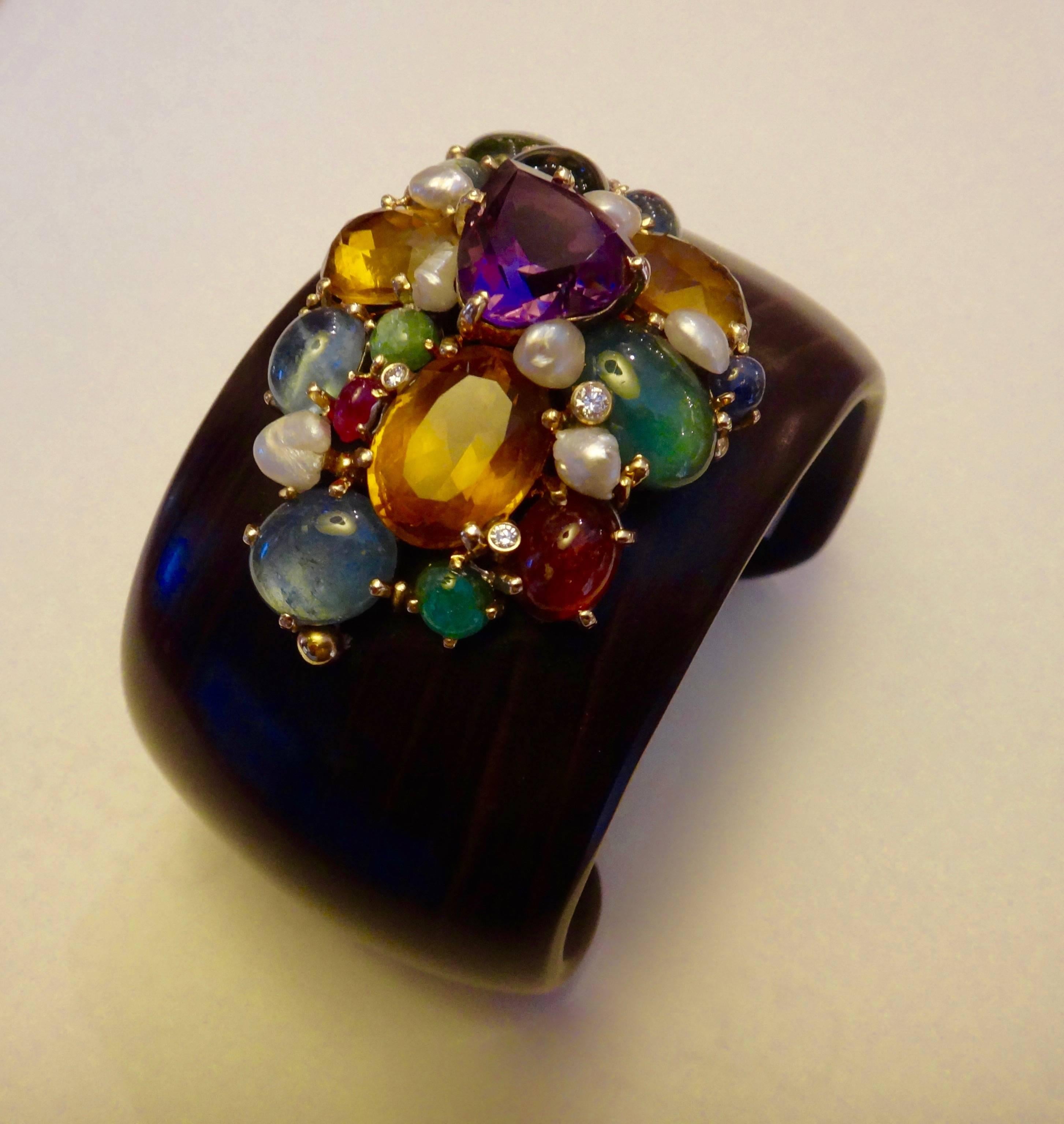 Women's Michael Kneebone Multicolored Gemstone Pearl Diamond Ebony Cuff Bracelet