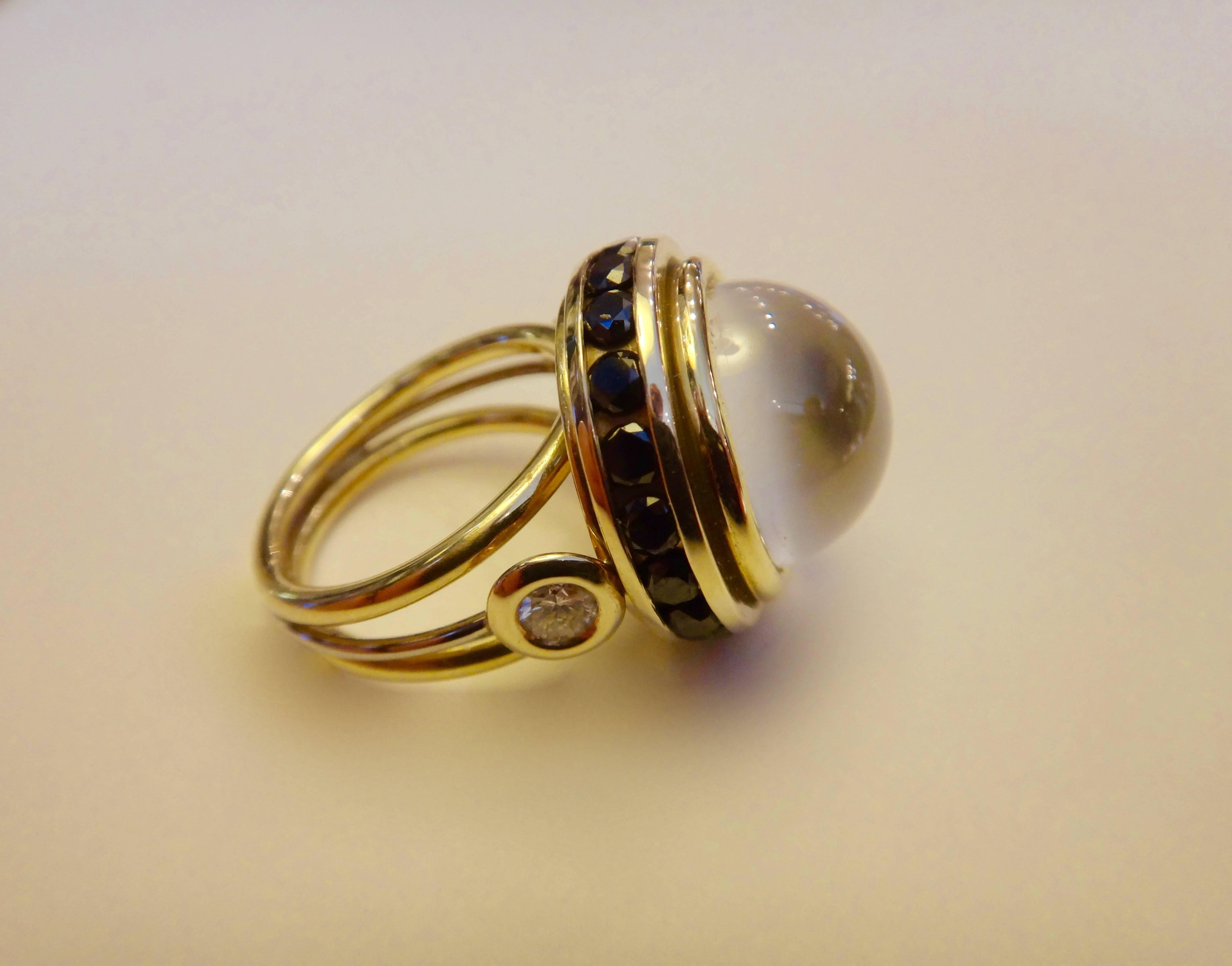 Women's or Men's Michael Kneebone Silver Sapphire Black and White Diamond Dome Ring