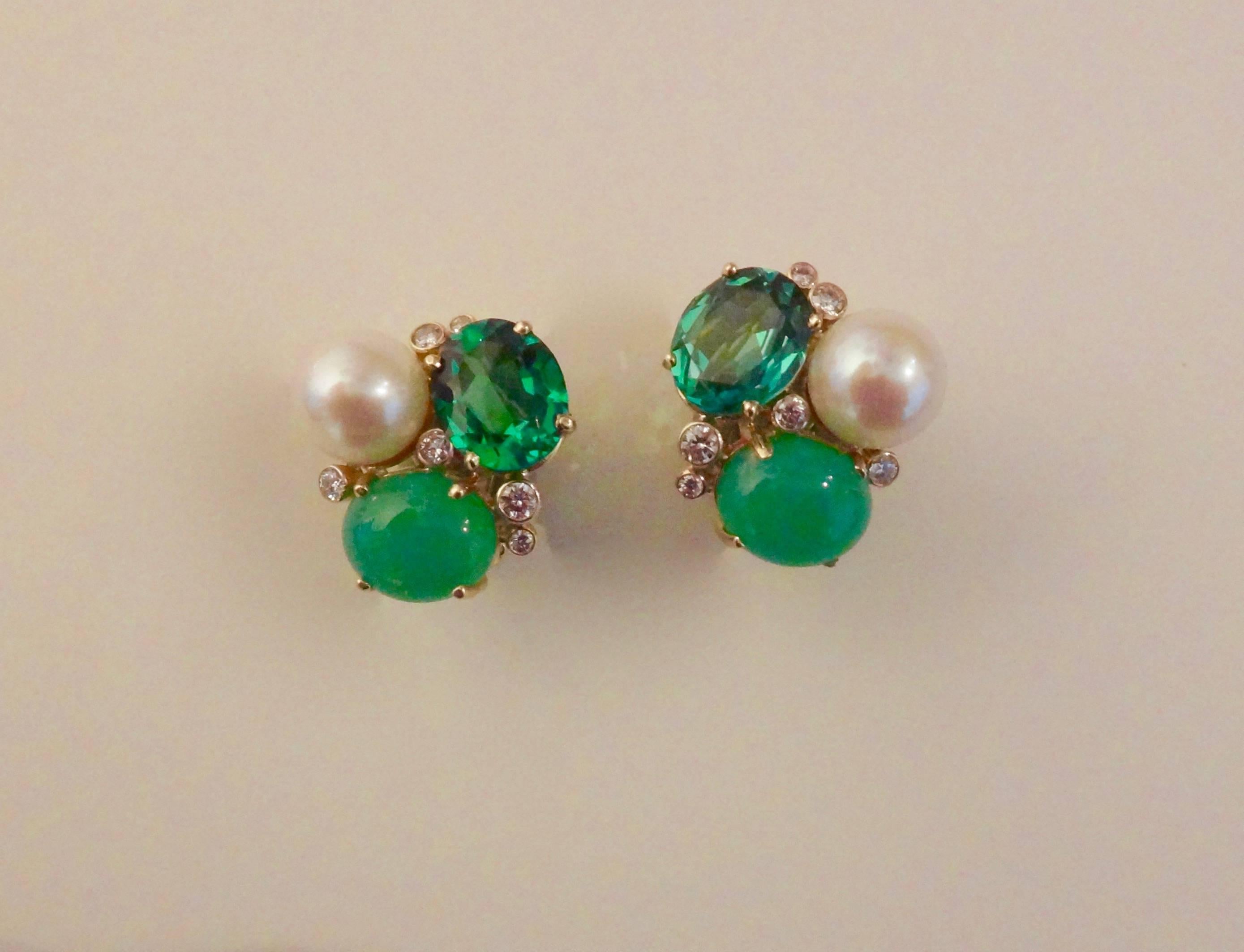 Contemporary Michael Kneebone Chrysoprase Green Topaz Diamond South Seas Pearl Earrings