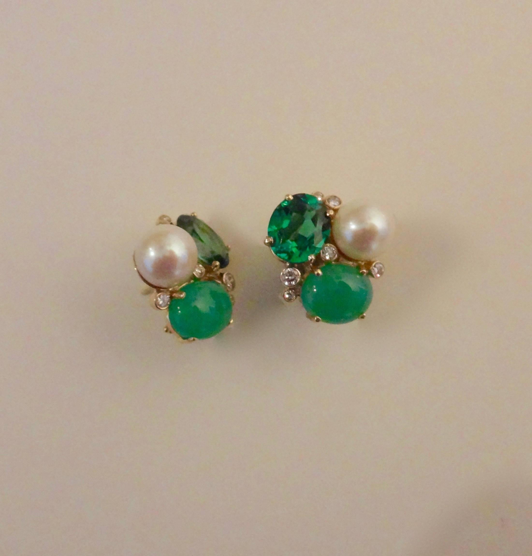 Michael Kneebone Chrysoprase Green Topaz Diamond South Seas Pearl Earrings In New Condition In Austin, TX