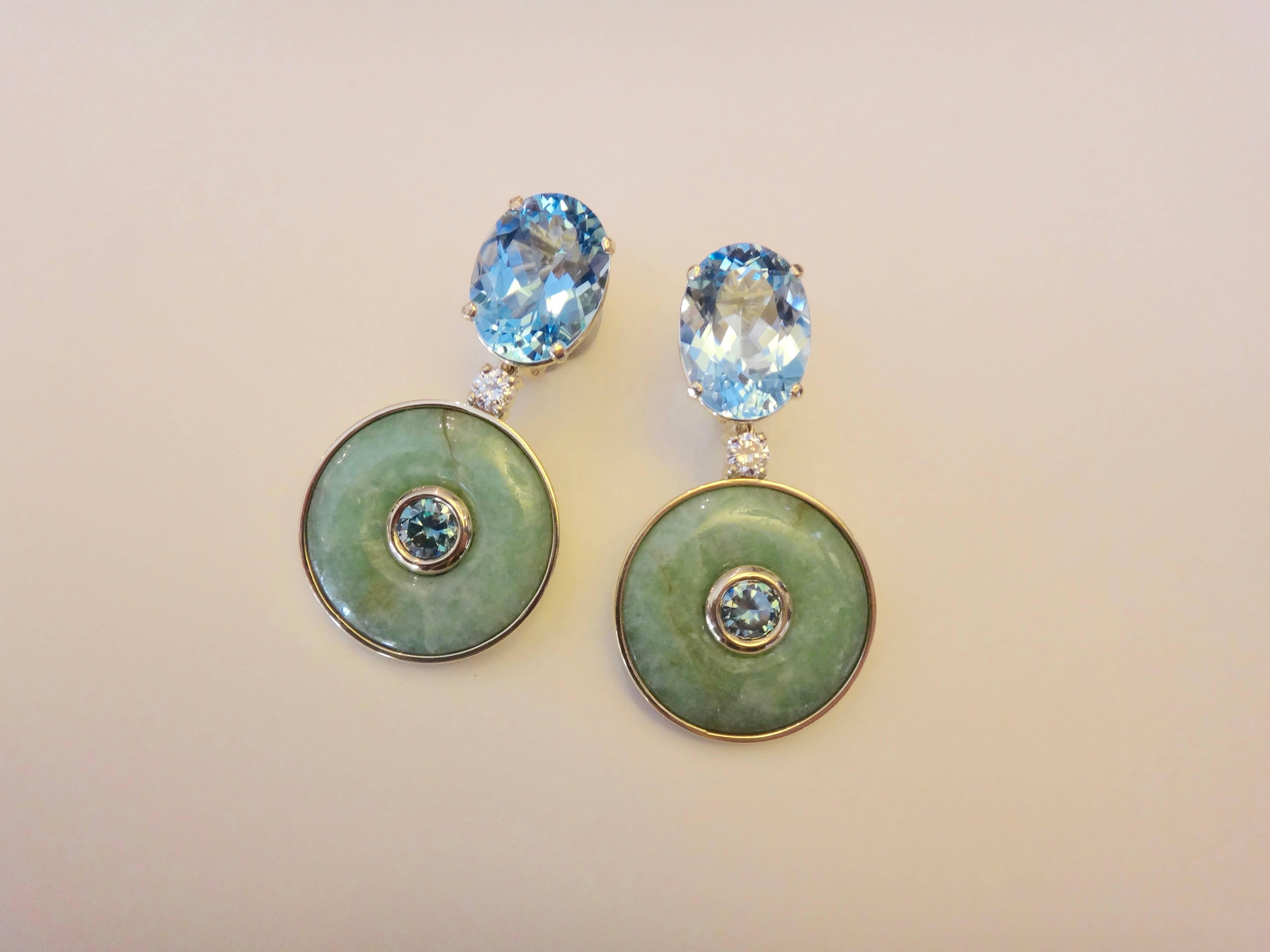 Contemporary Michael Kneebone Jadeite Blue Topaz Burmese Zircon Diamond Dangle Earrings