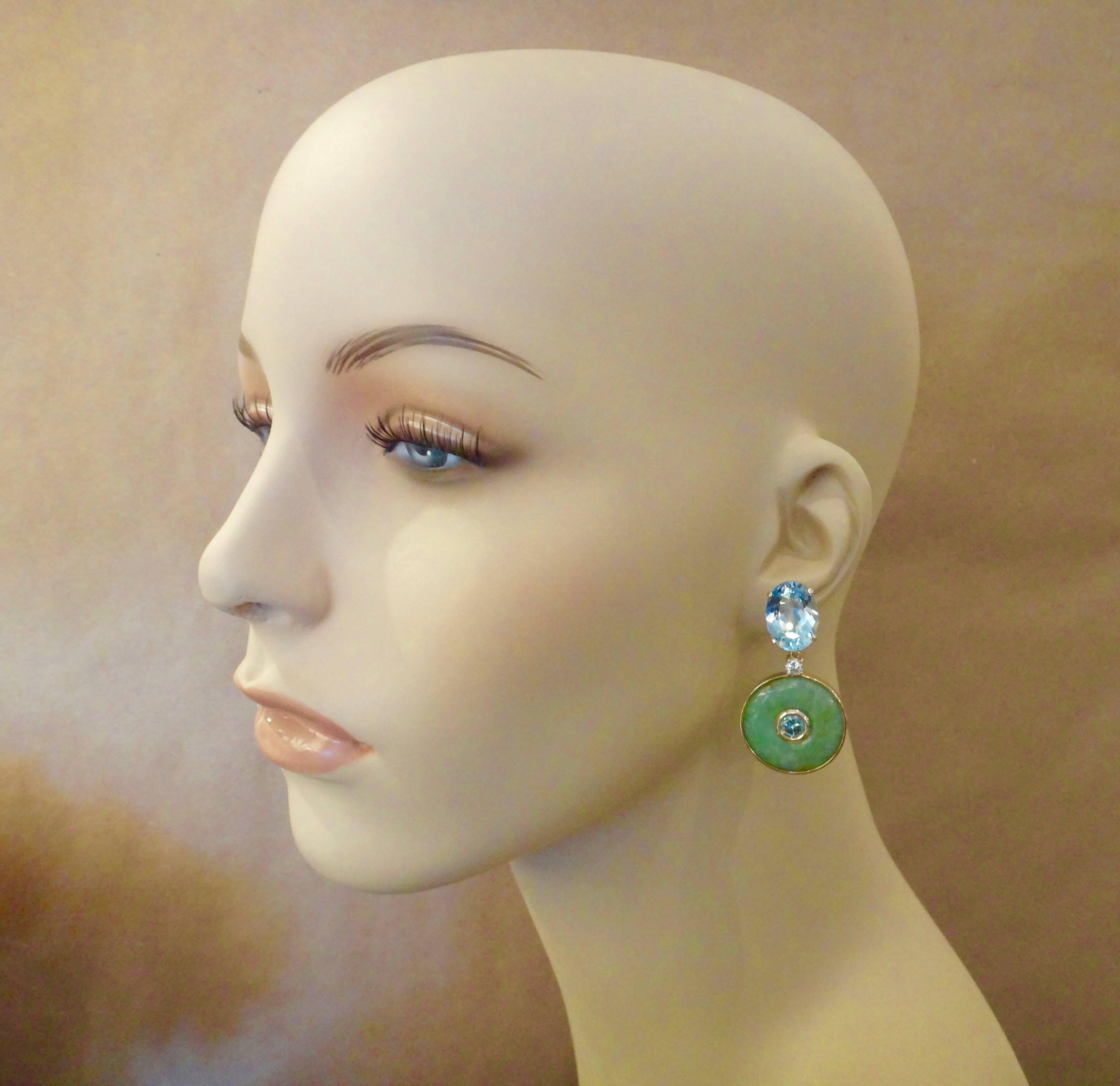 Mixed Cut Michael Kneebone Jadeite Blue Topaz Burmese Zircon Diamond Dangle Earrings