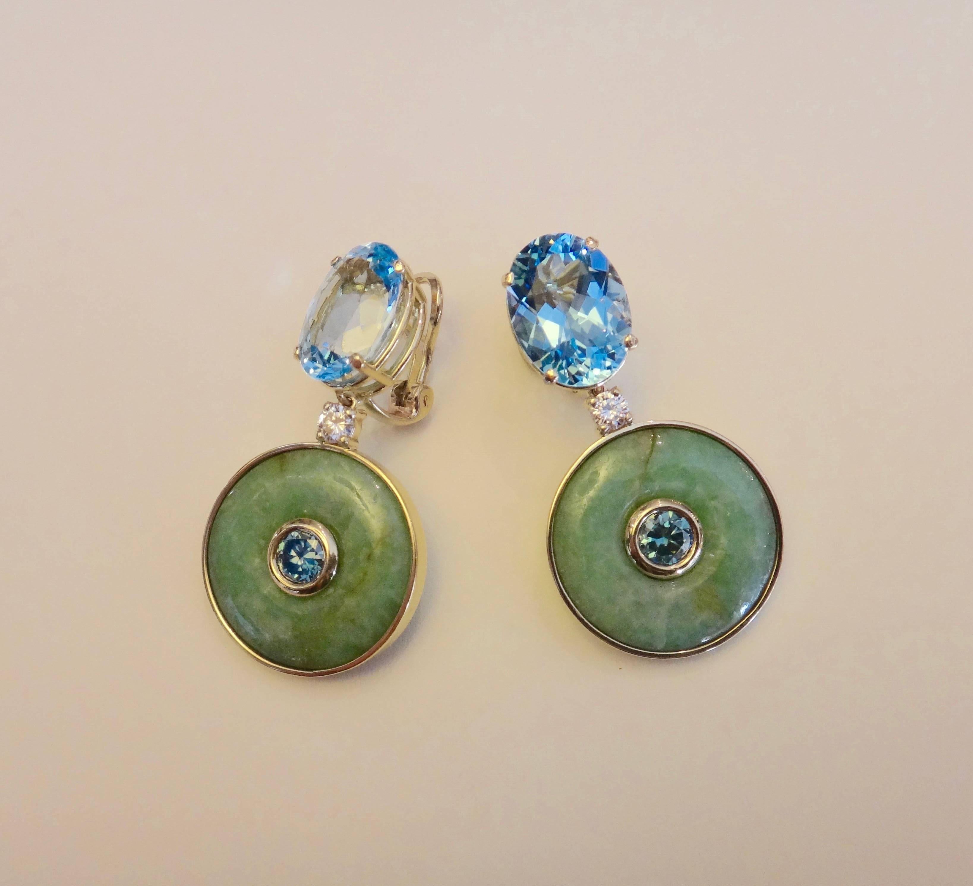 Michael Kneebone Jadeite Blue Topaz Burmese Zircon Diamond Dangle Earrings 1