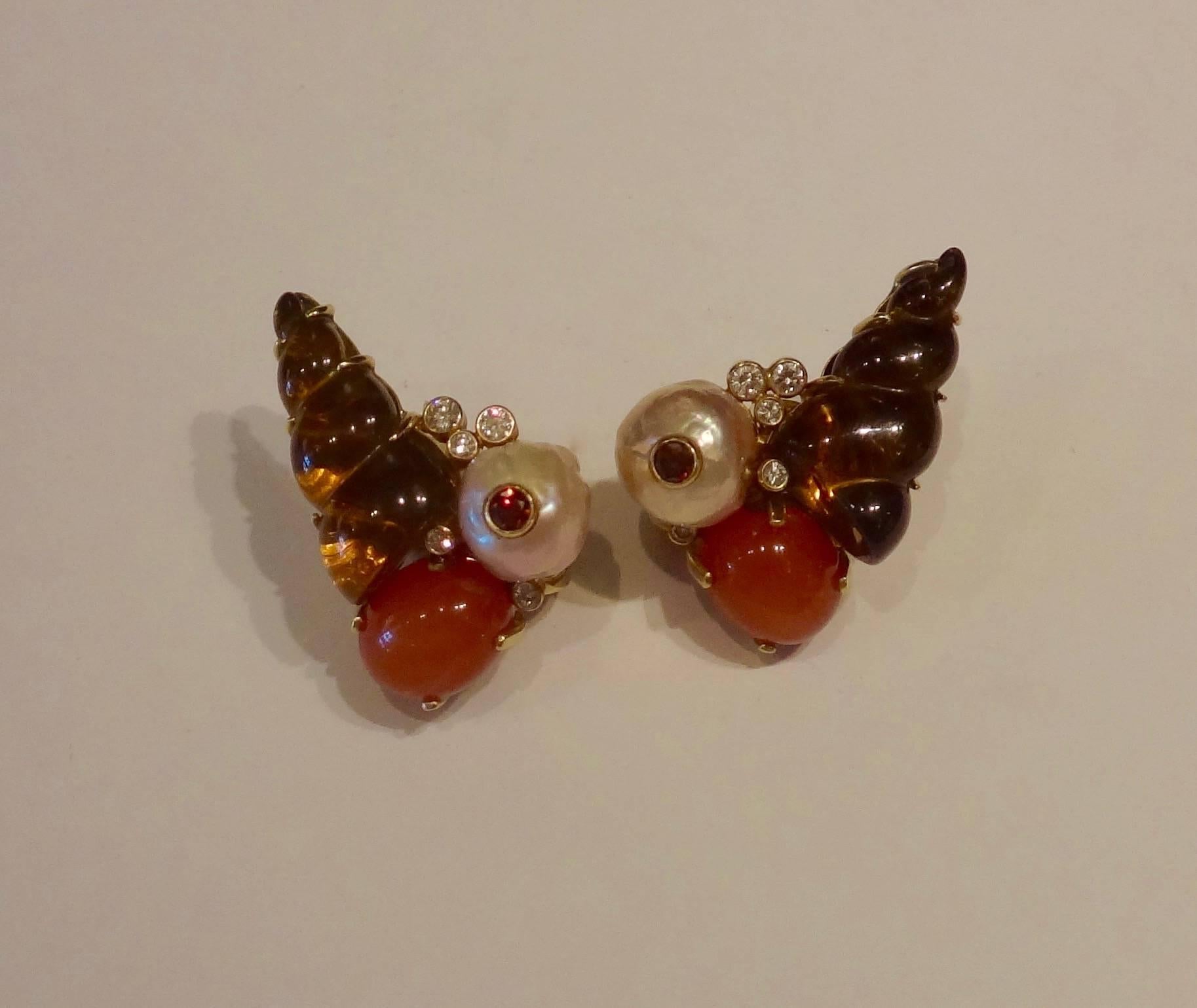 Contemporary Michael Kneebone Pearl Moonstone Citrine Cognac White Diamond Earrings